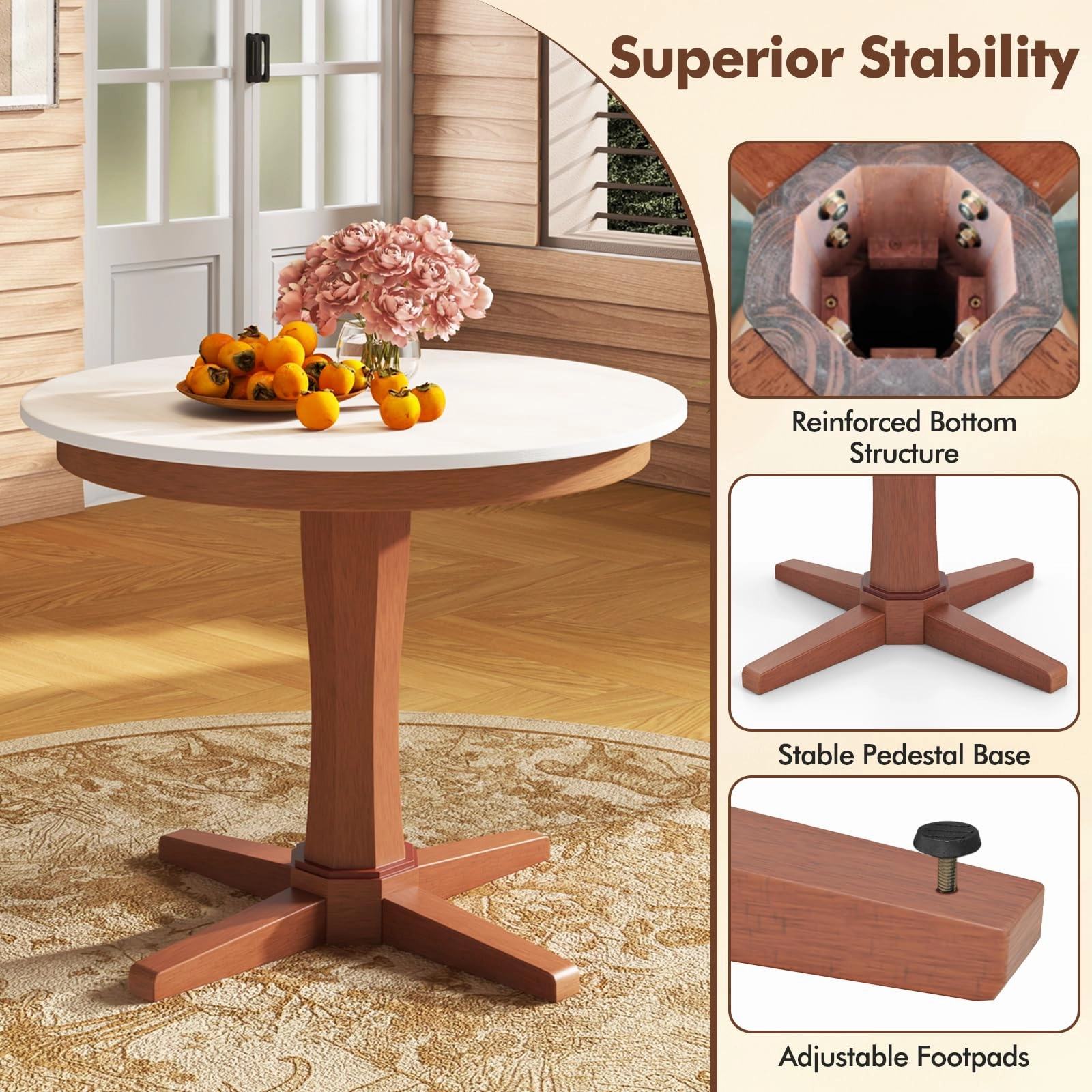 Giantex Round Dining Table, 36 Kitchen Table with Base, Solid Rubber Wood Frame, Breakfast Table for 4 People