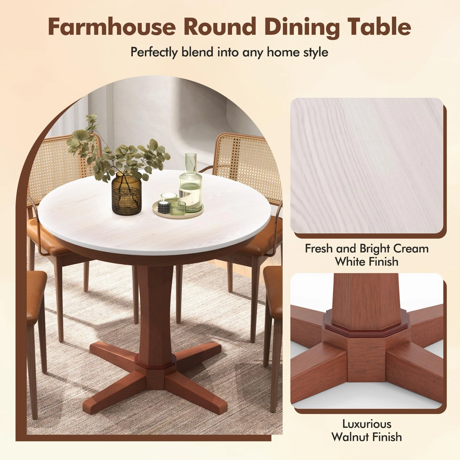 Giantex Round Dining Table, 36 Kitchen Table with Base, Solid Rubber Wood Frame, Breakfast Table for 4 People