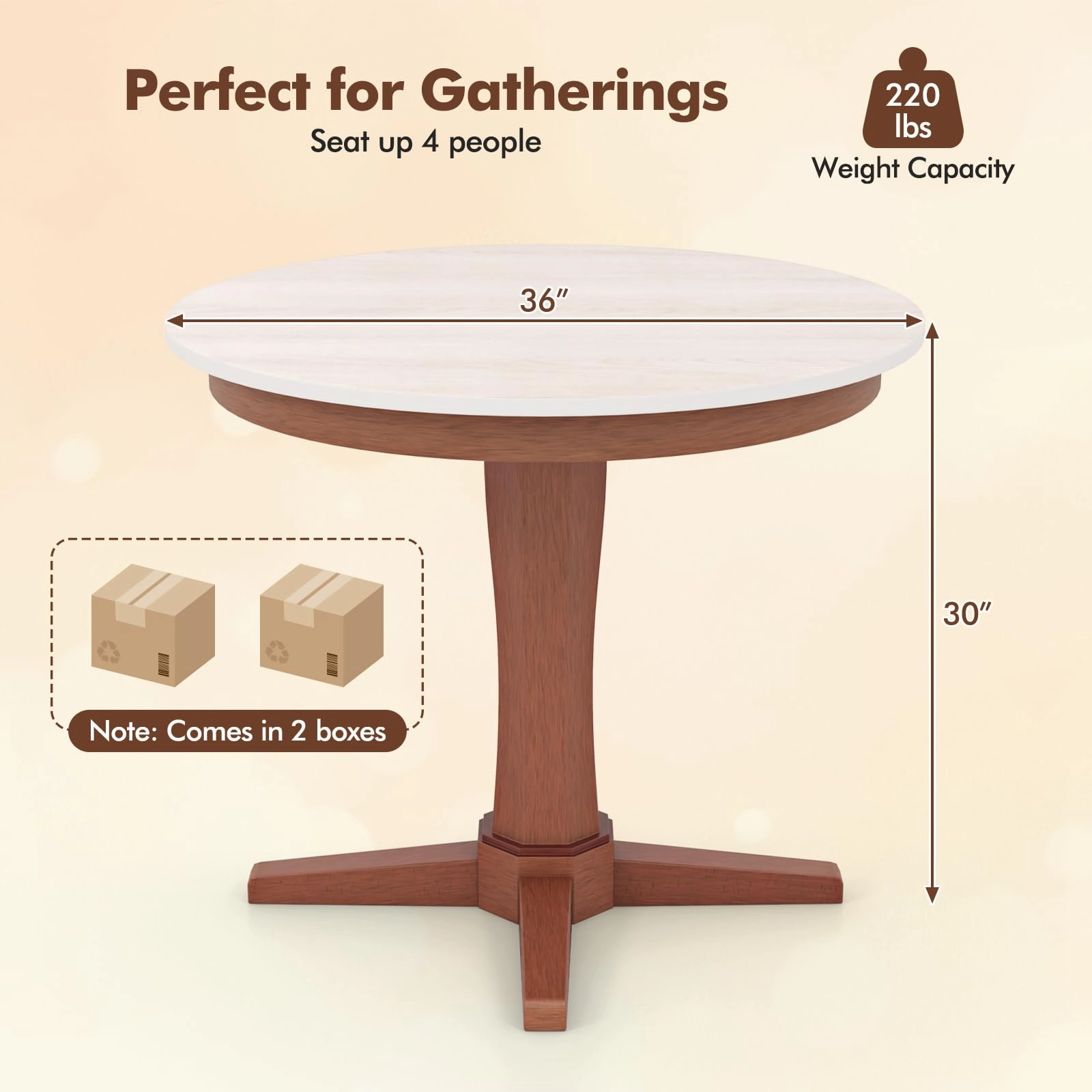 Giantex Round Dining Table, 36 Kitchen Table with Base, Solid Rubber Wood Frame, Breakfast Table for 4 People