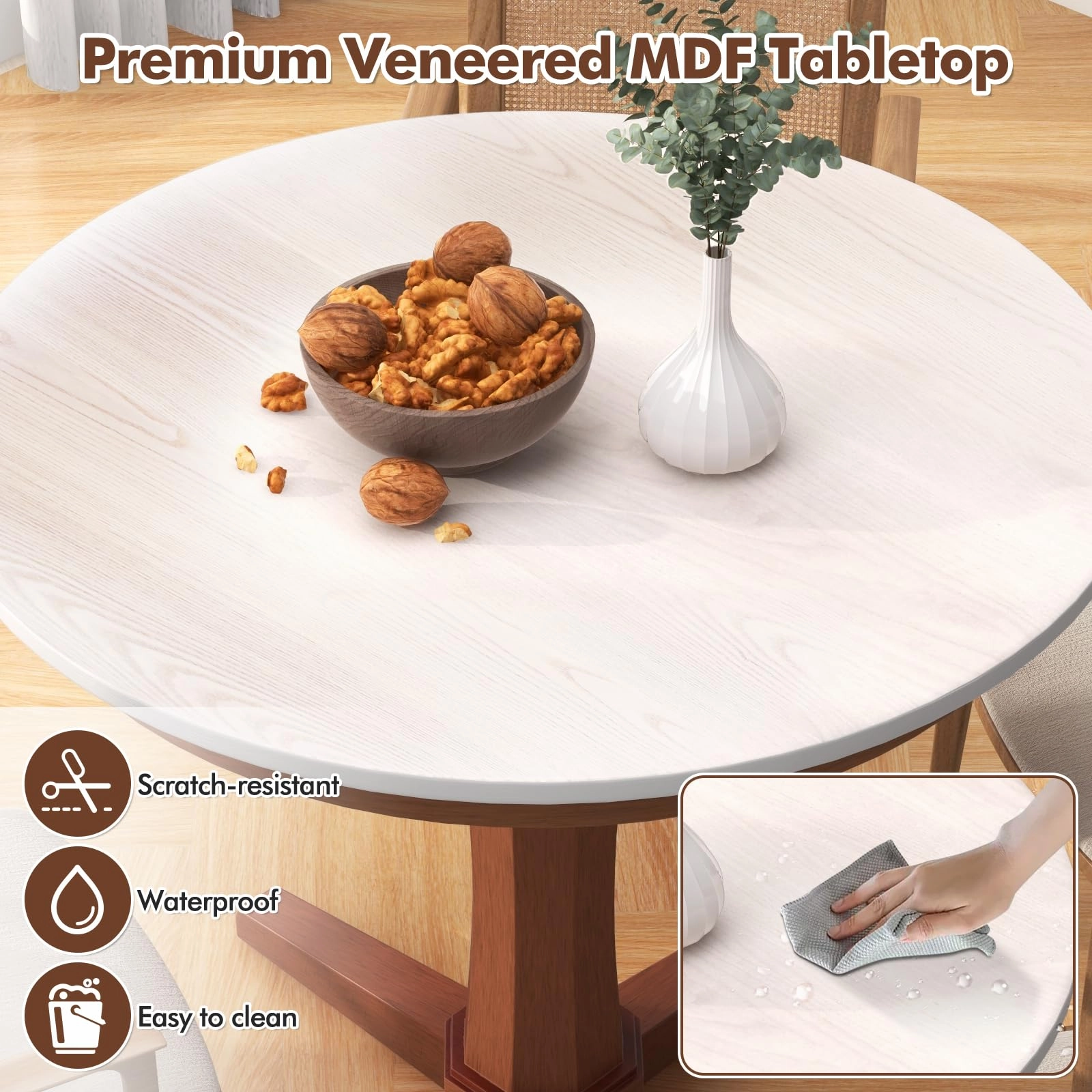 Giantex Round Dining Table, 36 Kitchen Table with Base, Solid Rubber Wood Frame, Breakfast Table for 4 People