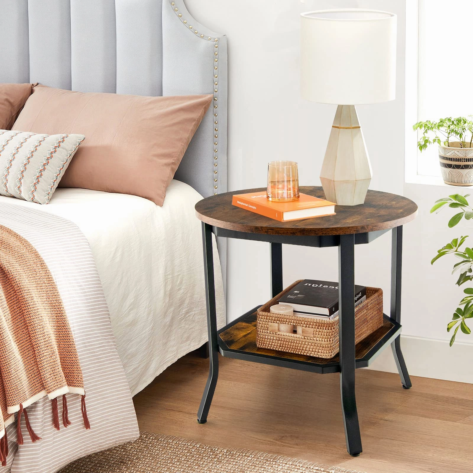 Giantex Round End Table, Industrial Nightstand w/Storage Shelf