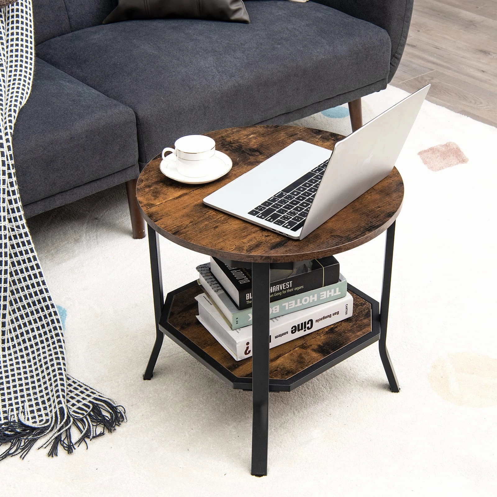 Giantex Round End Table, Industrial Nightstand w/Storage Shelf