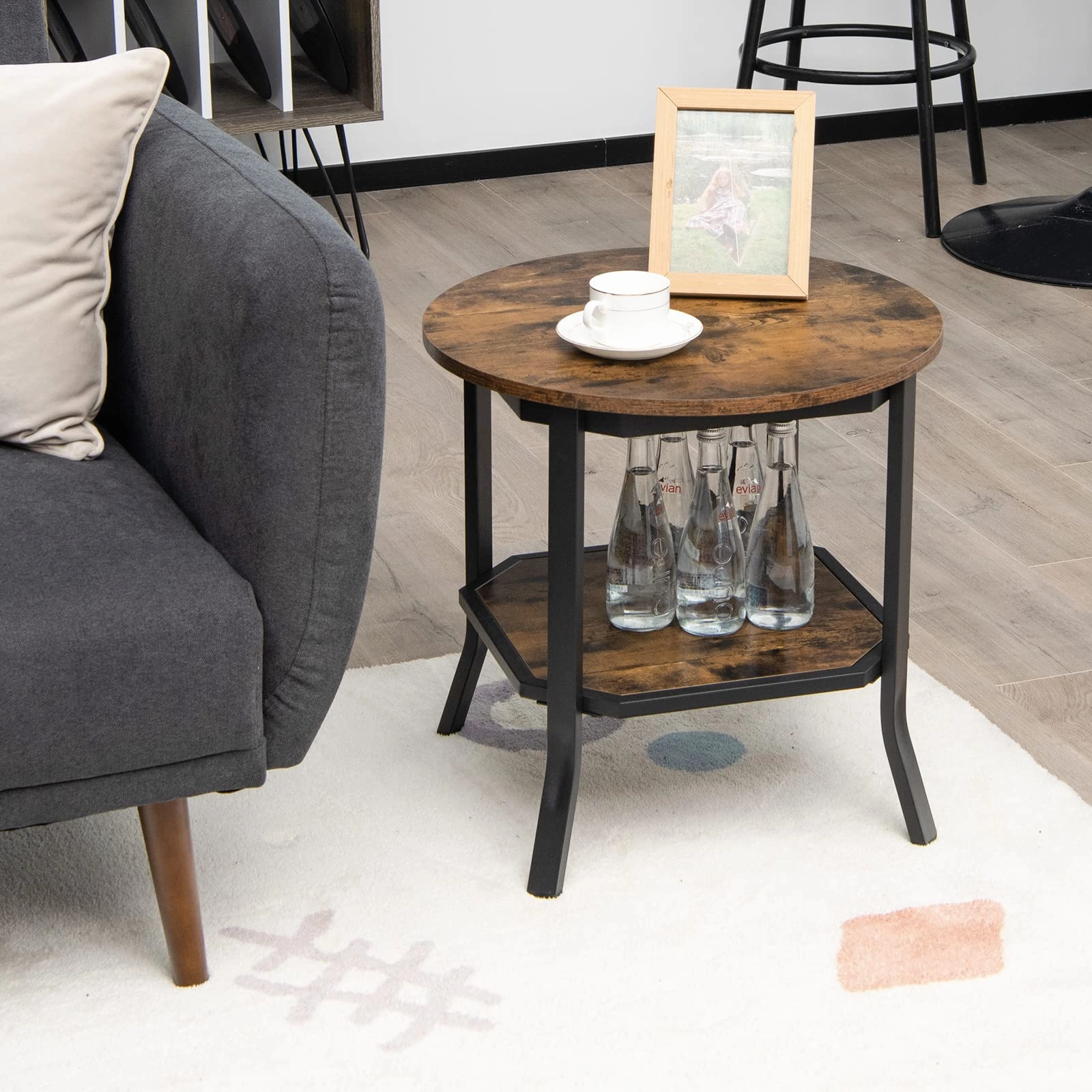 Giantex Round End Table, Industrial Nightstand w/Storage Shelf