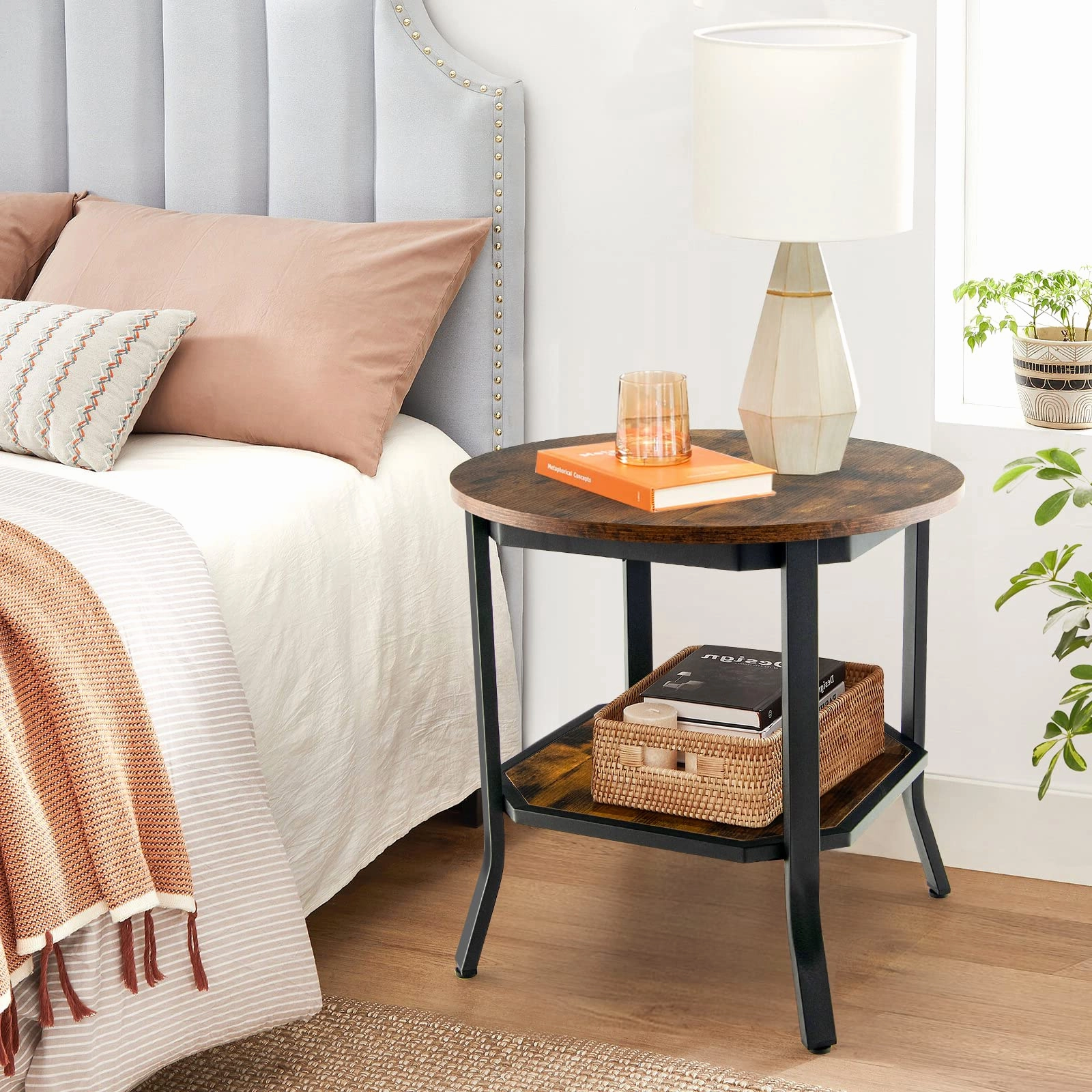Giantex Round End Table, Industrial Nightstand w/Storage Shelf