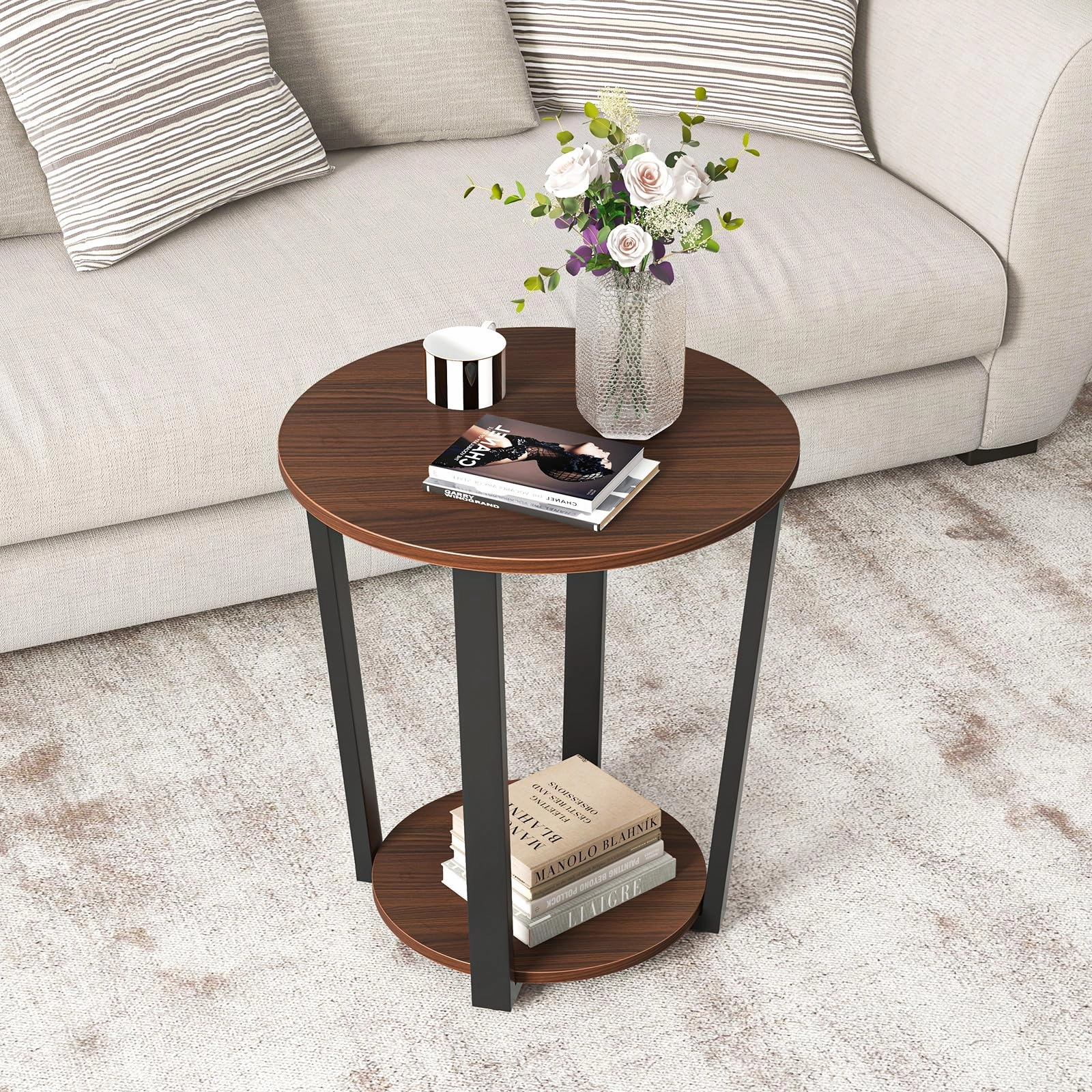 Giantex Round End Table Set of 1/2, 2-Tier Side Sofa Table with Open Storage Shelf and Metal Frame