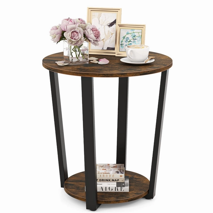 Giantex Round End Table Set of 1/2, 2-Tier Side Sofa Table with Open Storage Shelf and Metal Frame