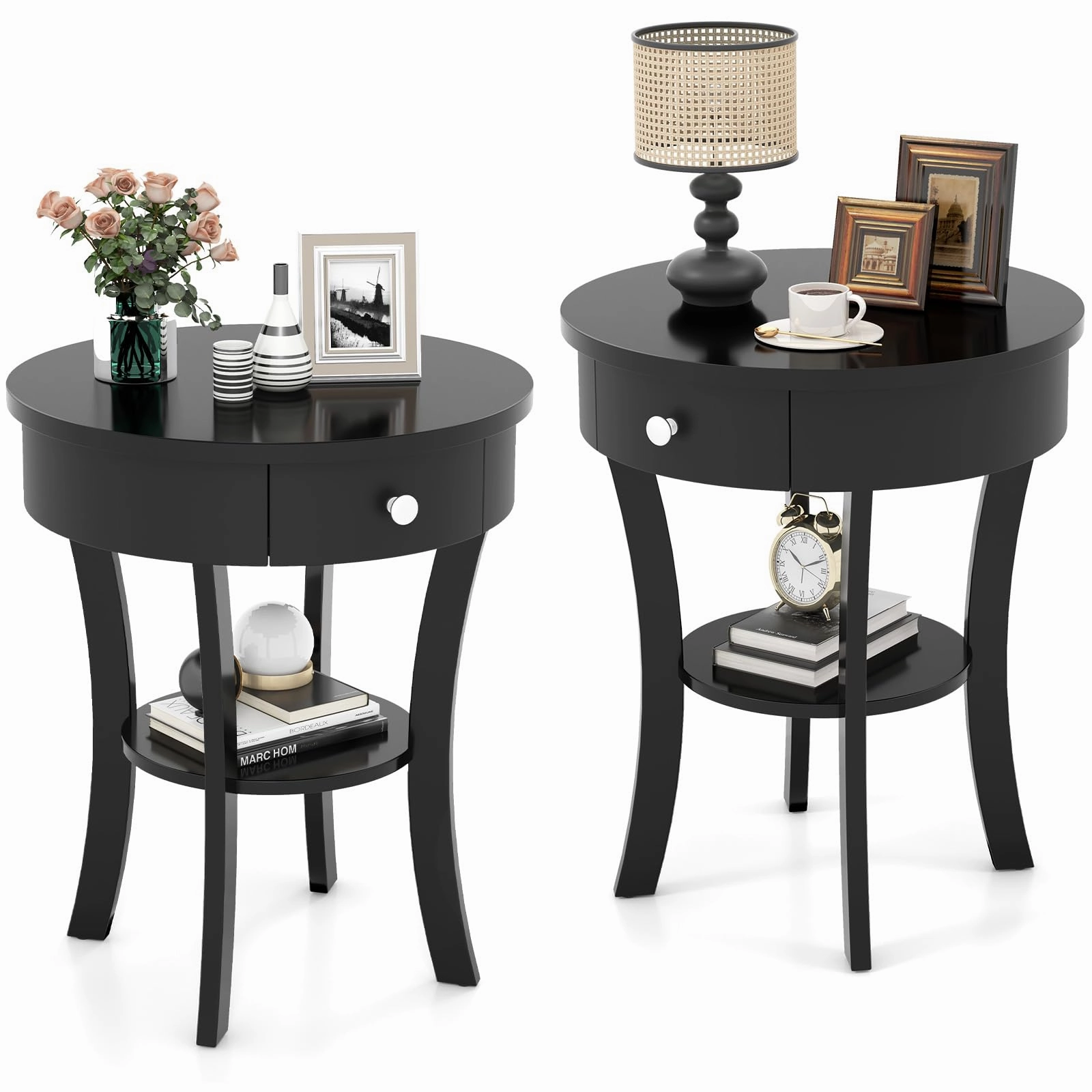 Giantex Round End Table with Drawer, 2-Tier Wood Side Table w/Open Shelf
