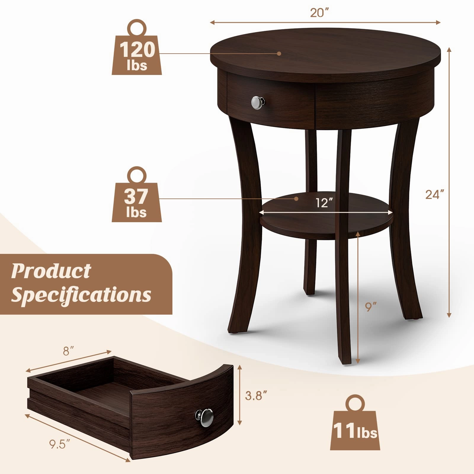 Giantex Round End Table with Drawer, 2-Tier Wood Side Table w/Open Shelf