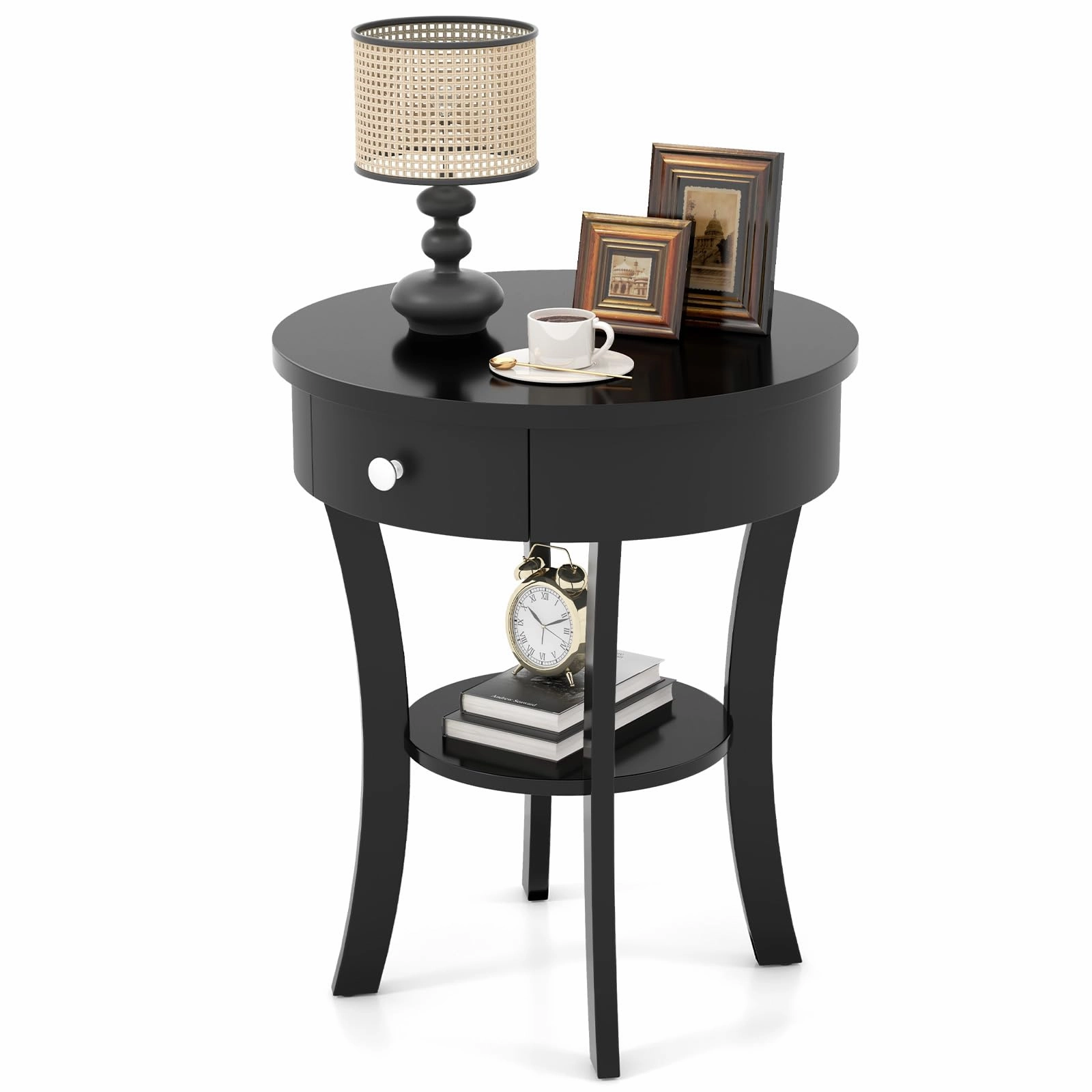 Giantex Round End Table with Drawer, 2-Tier Wood Side Table w/Open Shelf