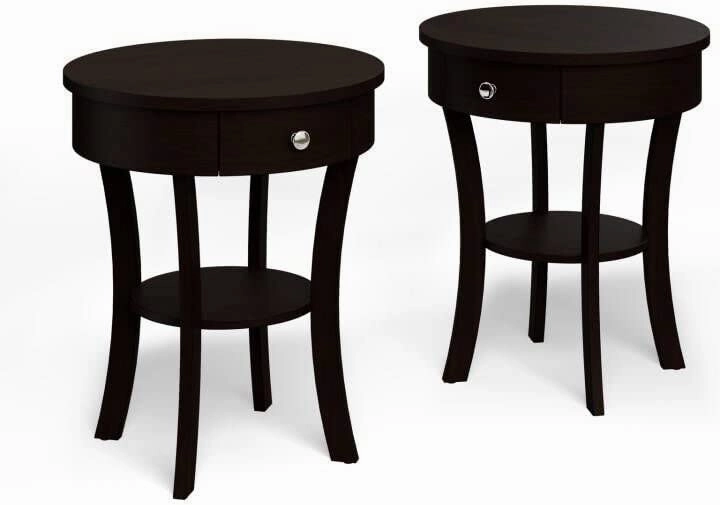 Giantex Round End Table with Drawer, 2-Tier Wood Side Table w/Open Shelf throw pillow, fuzzy blanket