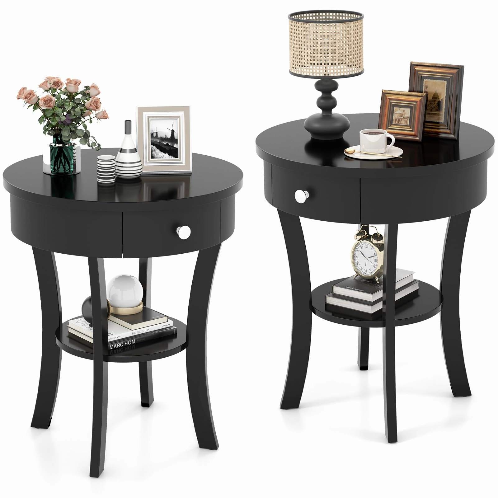 Giantex Round End Table with Drawer, 2-Tier Wood Side Table w/Open Shelf