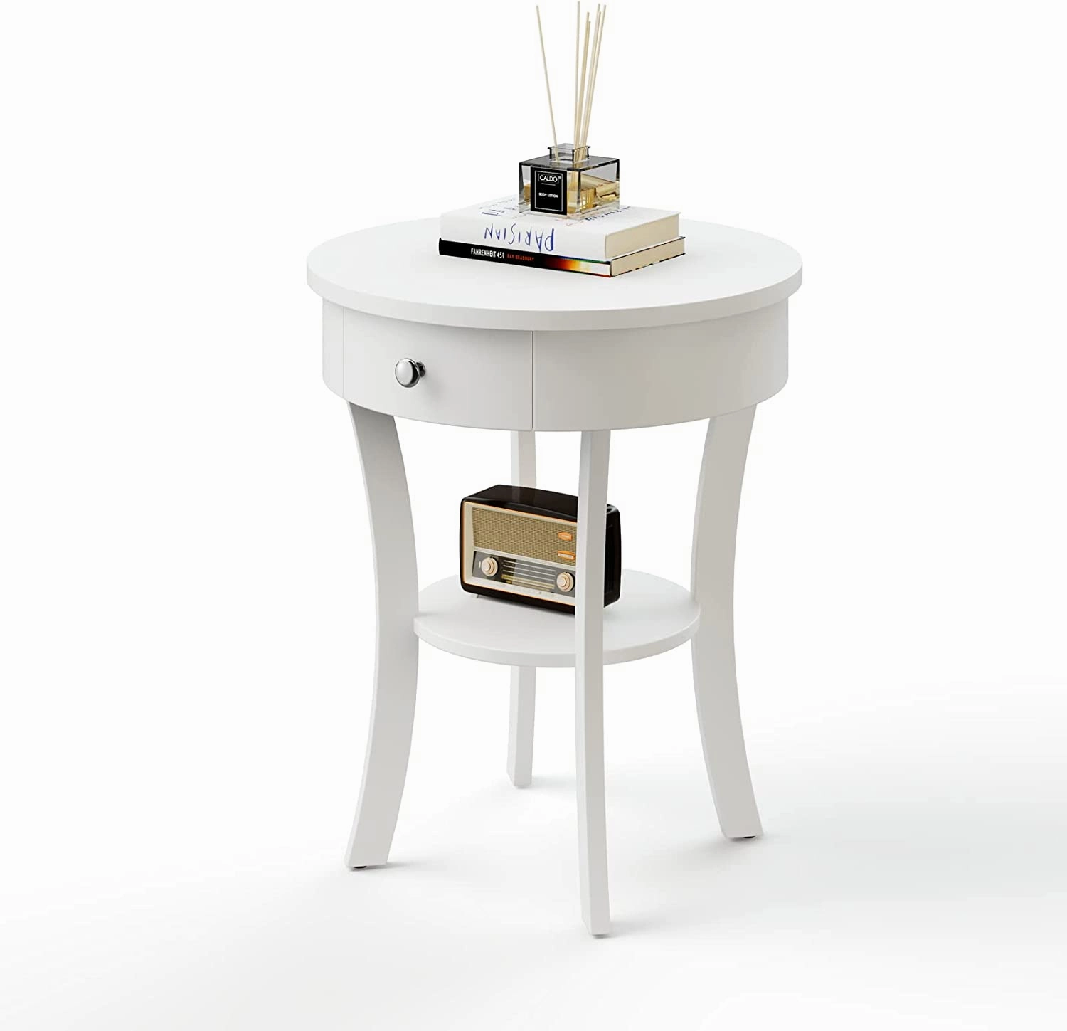 Giantex Round End Table with Drawer, 2-Tier Wood Side Table w/Open Shelf