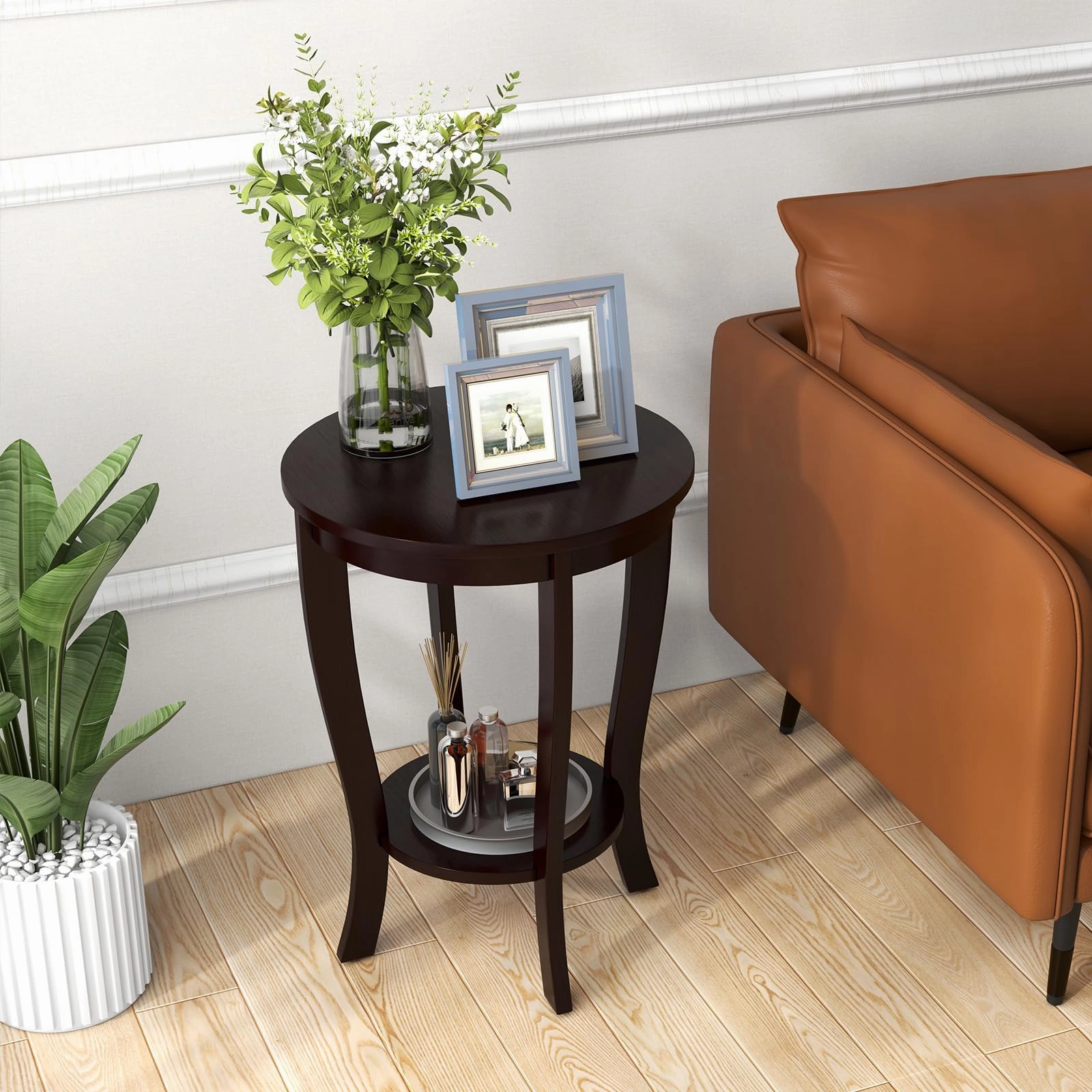 Giantex Round End Table with Storage Shelf Set of 2, Retro Nightstand with Solid Wood Legs, 24.5" Accent Table for Small Spaces