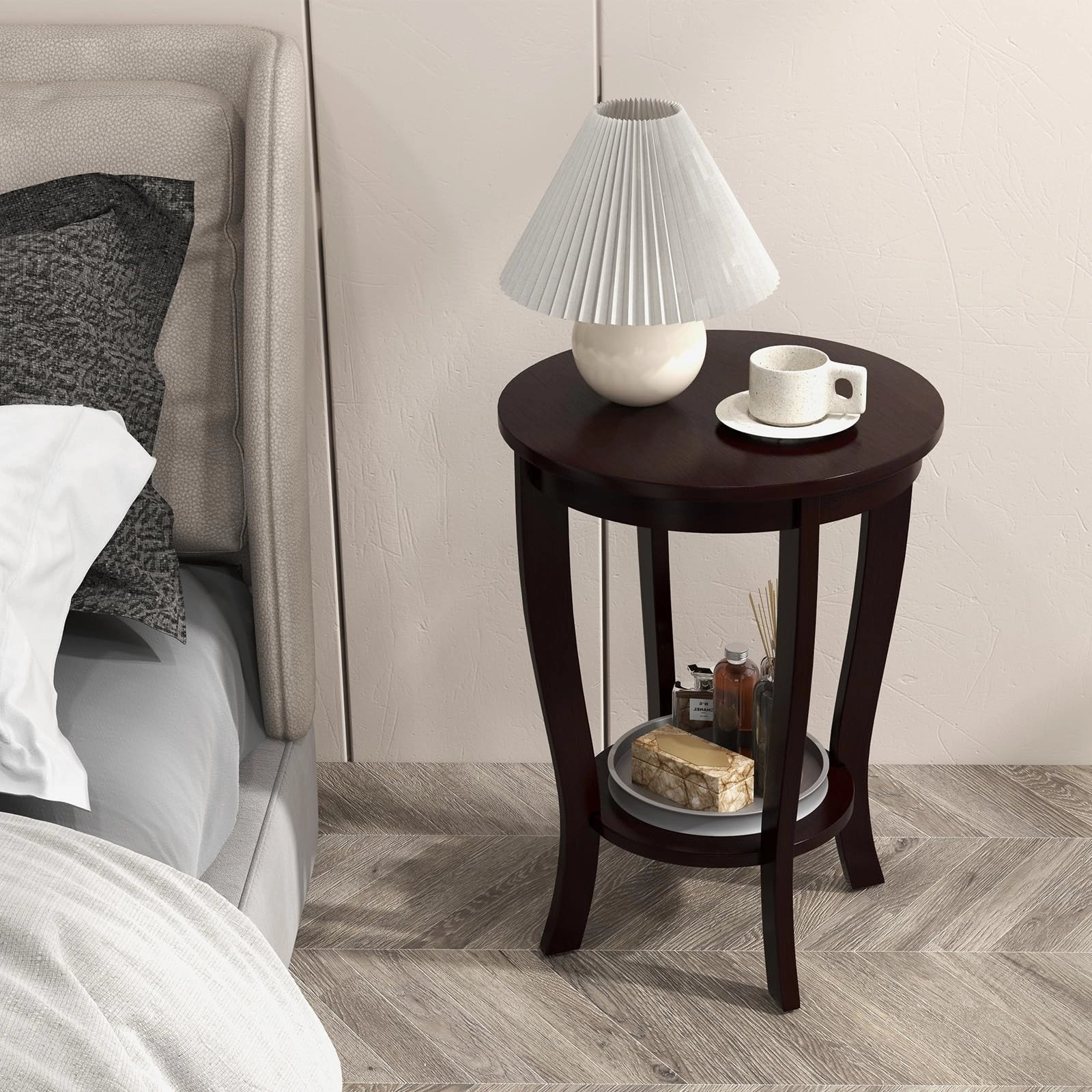 Giantex Round End Table with Storage Shelf Set of 2, Retro Nightstand with Solid Wood Legs, 24.5" Accent Table for Small Spaces