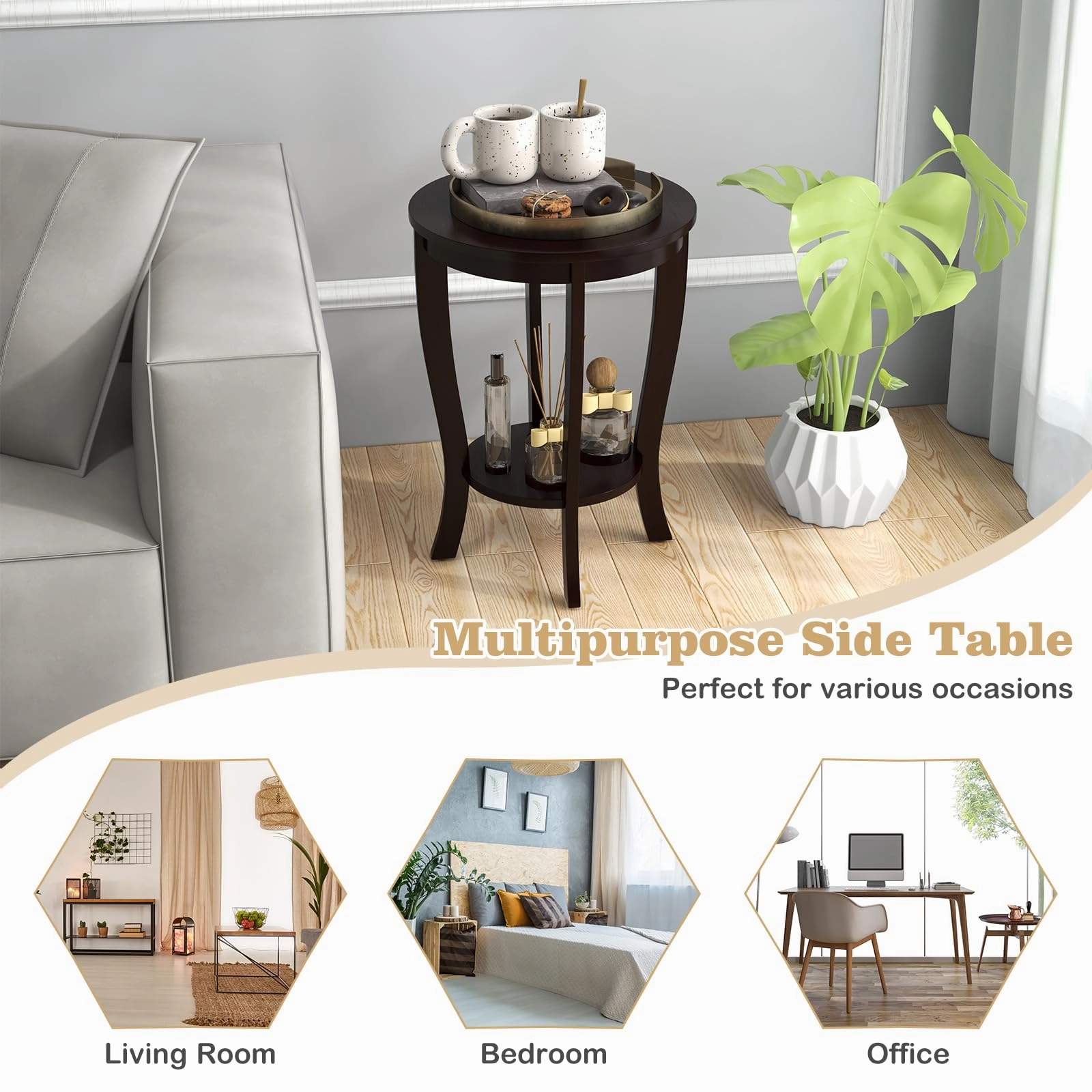 Giantex Round End Table with Storage Shelf Set of 2, Retro Nightstand with Solid Wood Legs, 24.5" Accent Table for Small Spaces
