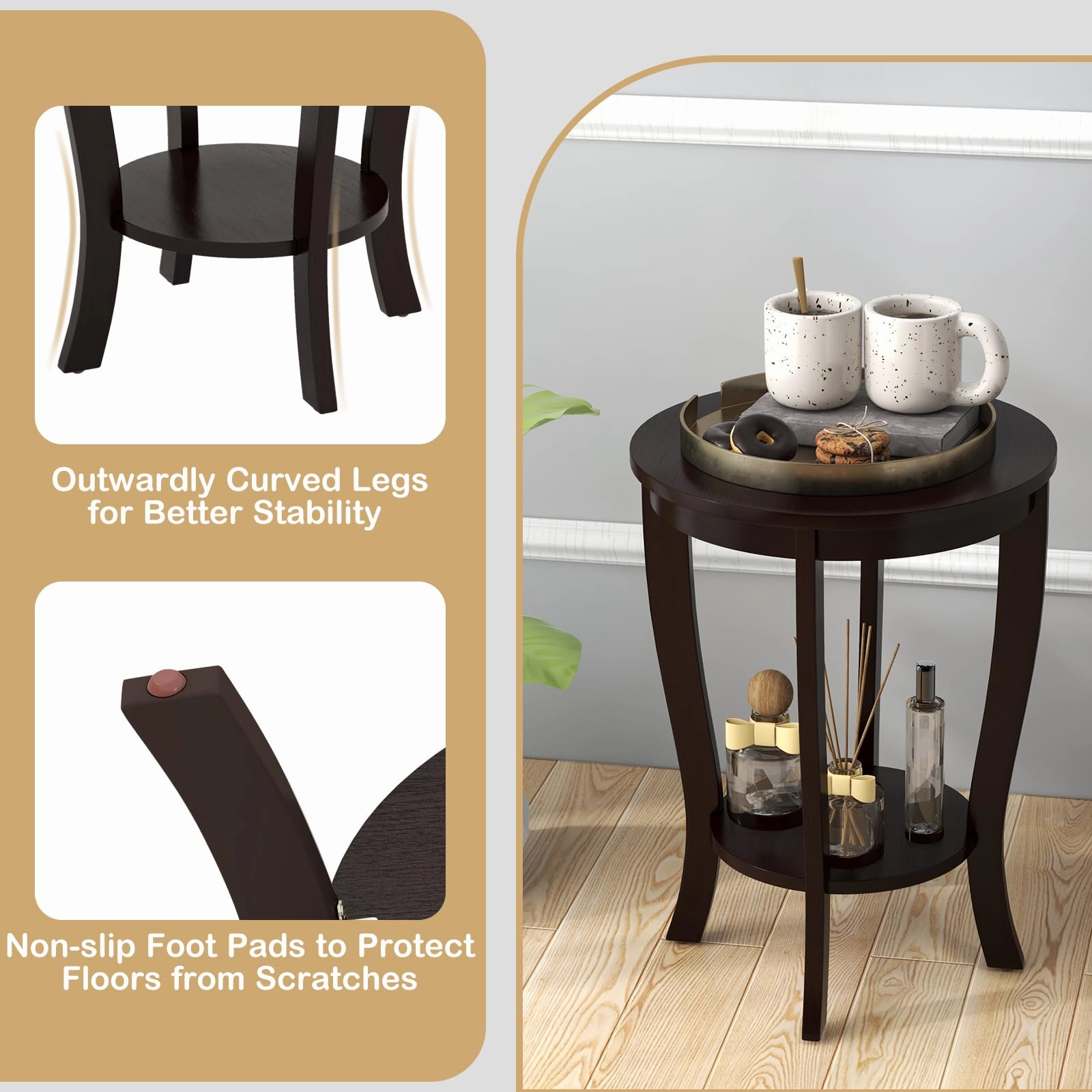 Giantex Round End Table with Storage Shelf Set of 2, Retro Nightstand with Solid Wood Legs, 24.5" Accent Table for Small Spaces