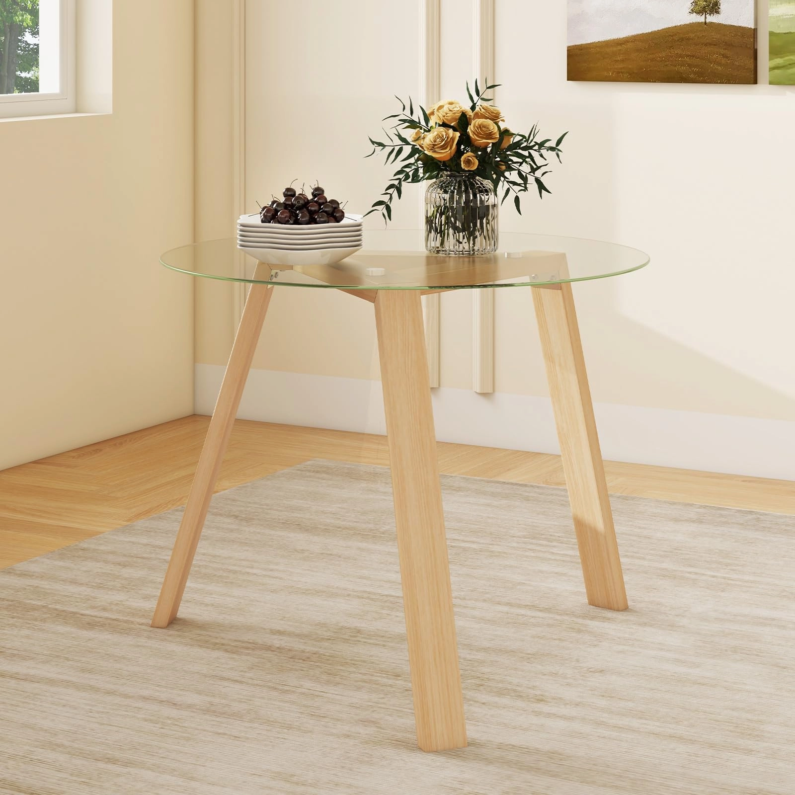 Giantex Round Glass Dining Table for 4 - Small Coffee Table with Rubber Wood Frame