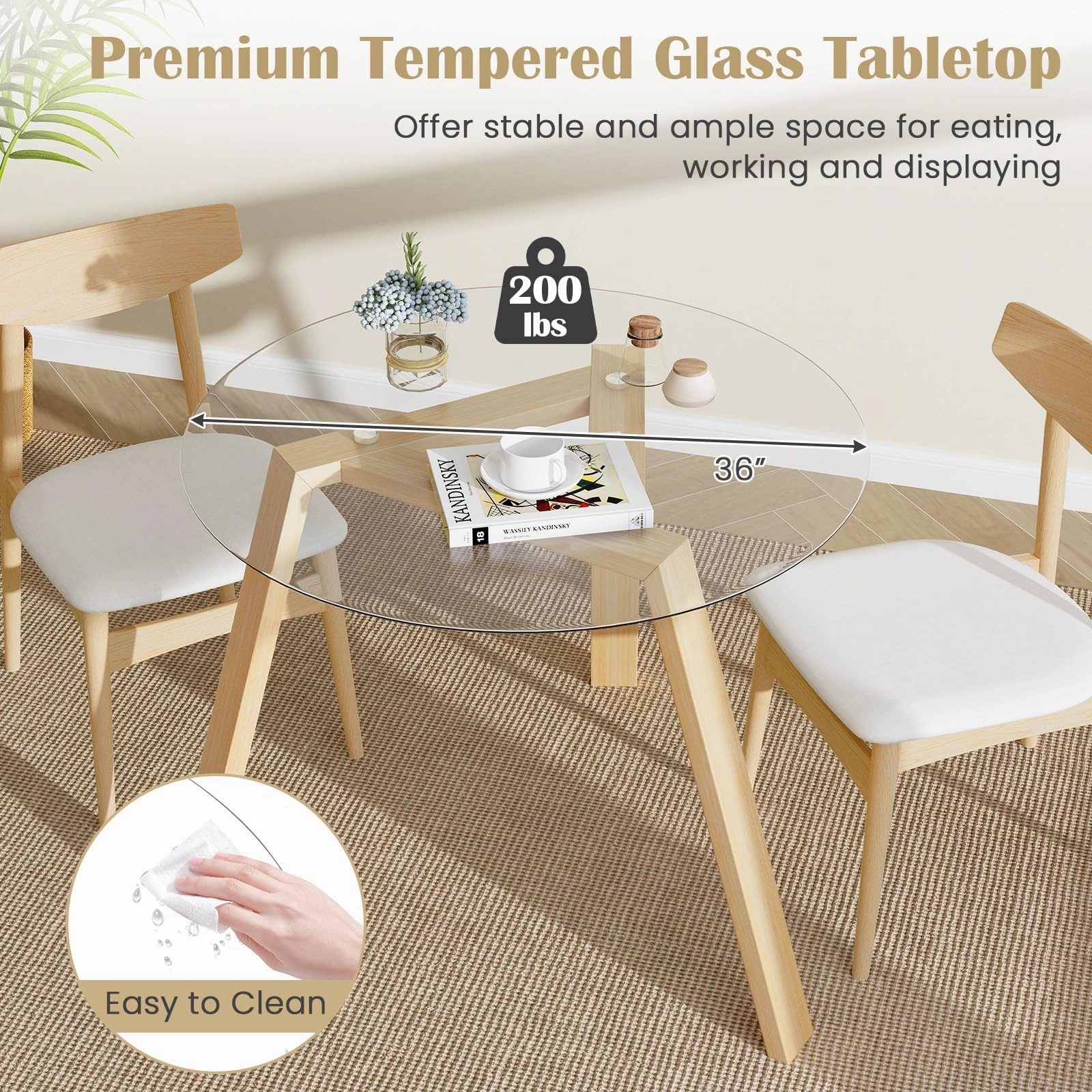 Giantex Round Glass Dining Table for 4 - Small Coffee Table with Rubber Wood Frame