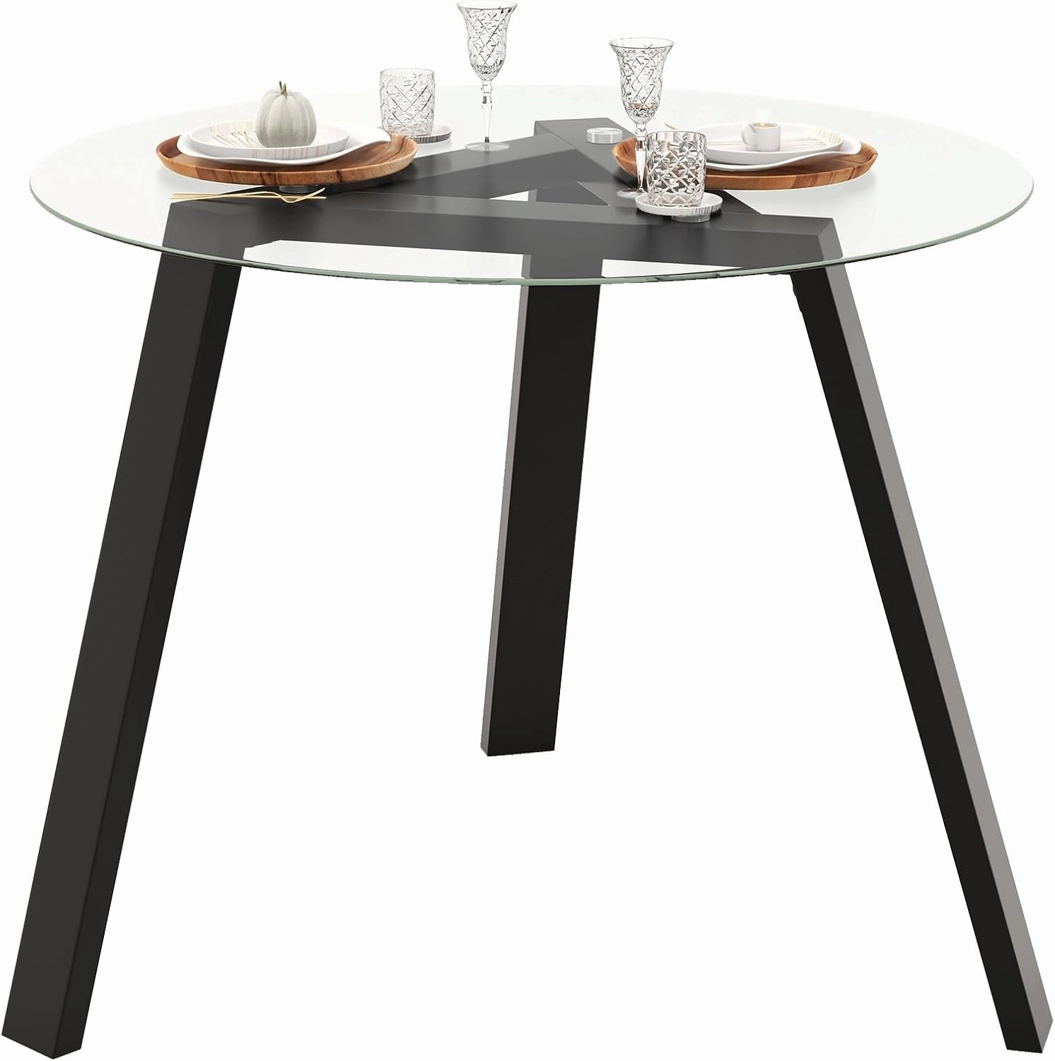 Giantex Round Glass Dining Table for 4 - Small Coffee Table with Rubber Wood Frame