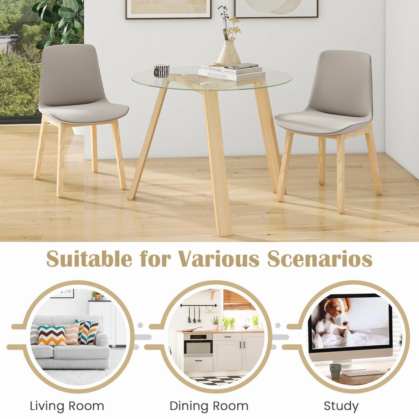 Giantex Round Glass Dining Table for 4 - Small Coffee Table with Rubber Wood Frame