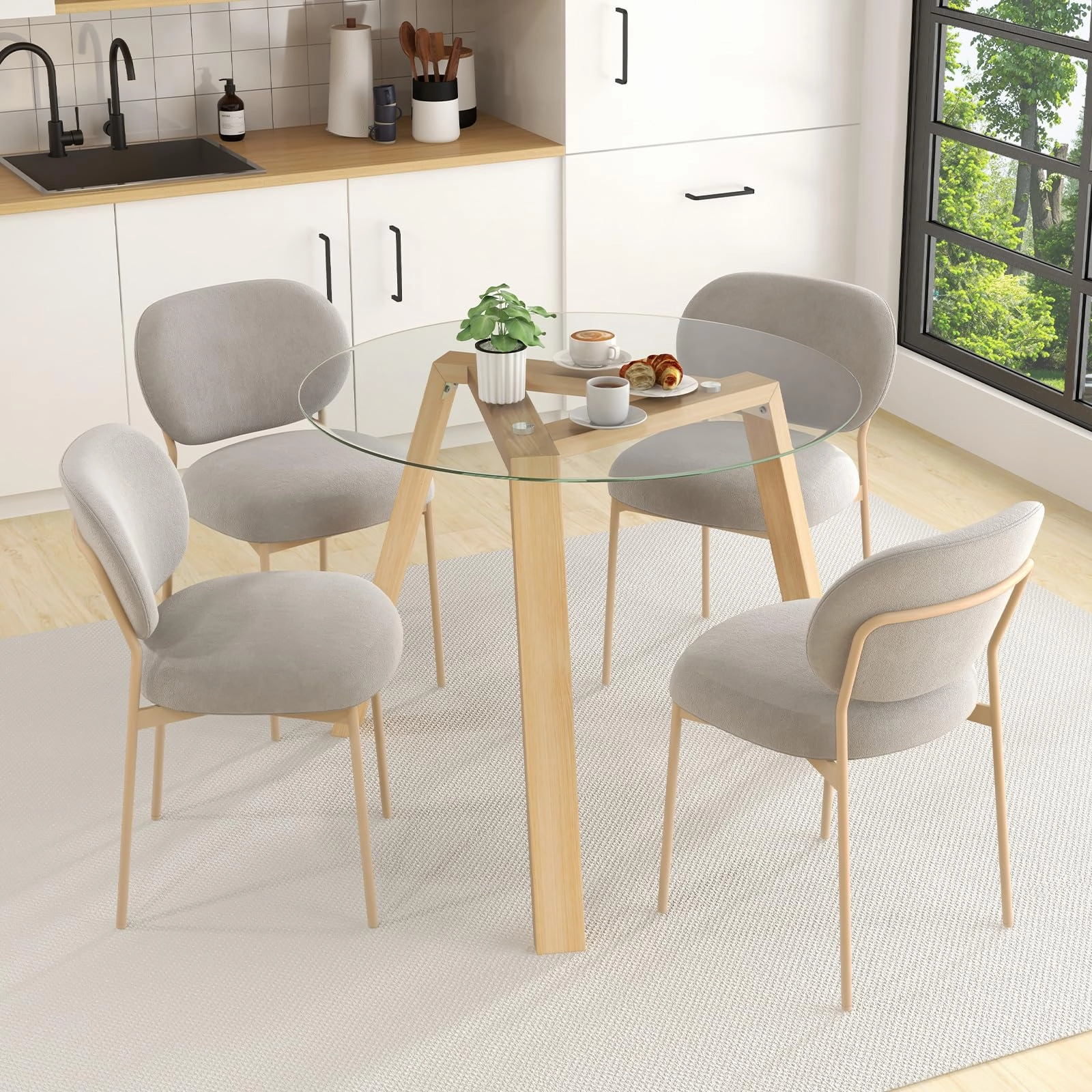 Giantex Round Glass Dining Table for 4 - Small Coffee Table with Rubber Wood Frame