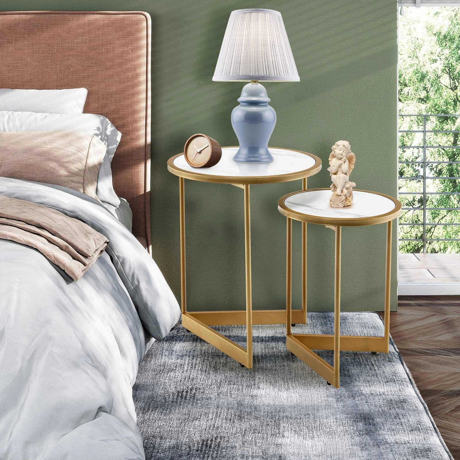 Giantex Round Nesting Table Set of 2, Modern Marble Texture Coffee Tables