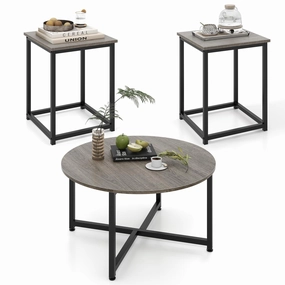 Giantex Round Nesting Table Set of 3, Farmhouse Coffee Table w/2 End Tables, Sturdy Metal Frame (Black Oak) entry bench, mudroom storage