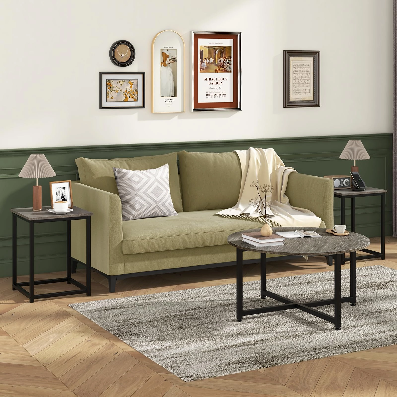 Giantex Round Nesting Table Set of 3, Farmhouse Coffee Table w/2 End Tables, Sturdy Metal Frame (Black Oak)
