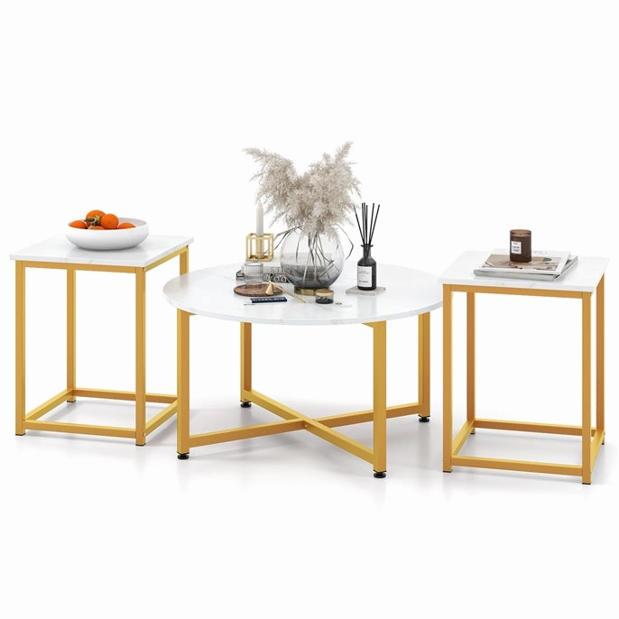 Giantex Round Nesting Table Set of 3, Farmhouse Coffee Table w/2 End Tables, Sturdy Metal Frame (Black Oak)