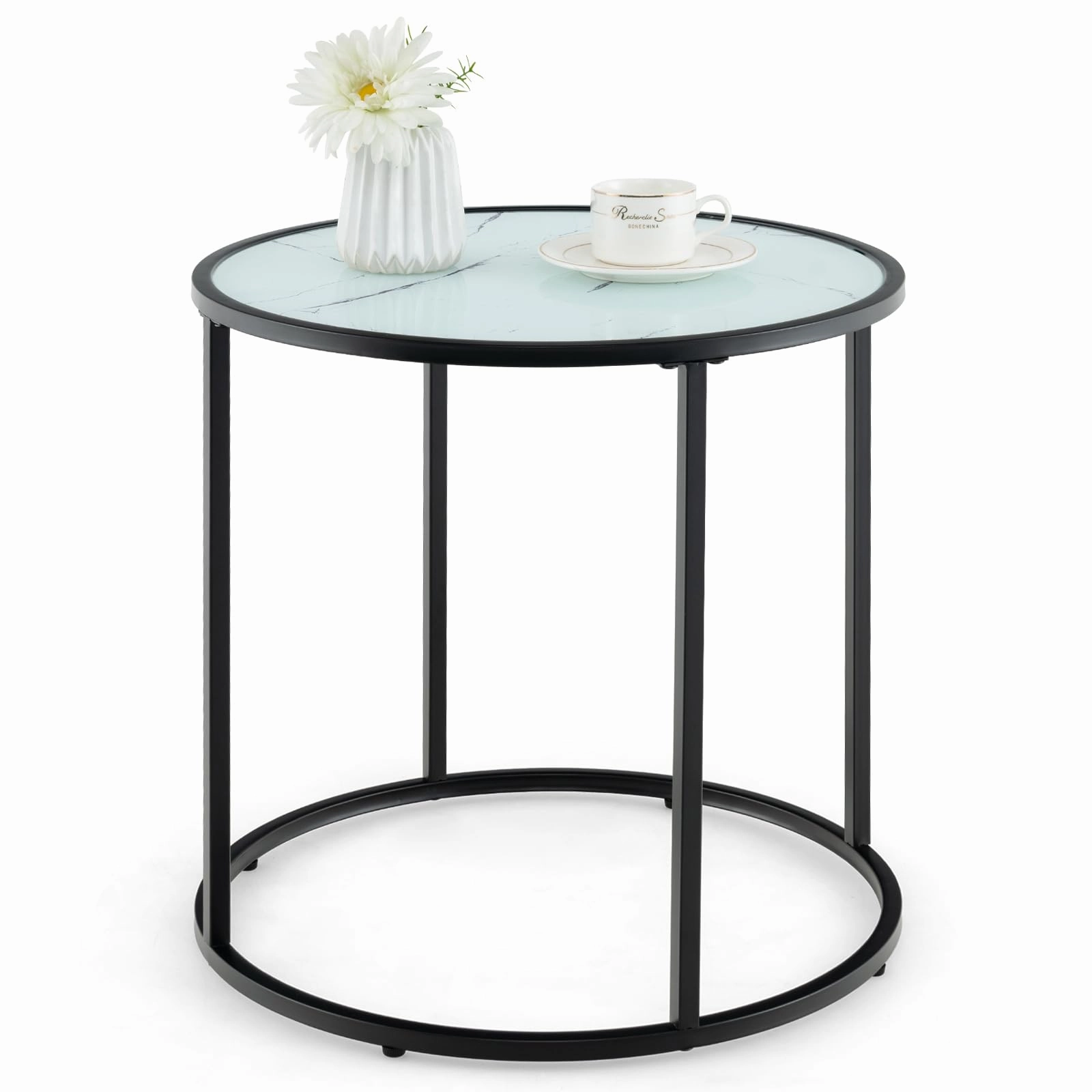 Giantex Round Side Table, Tempered Glass End Table with Metal Frame