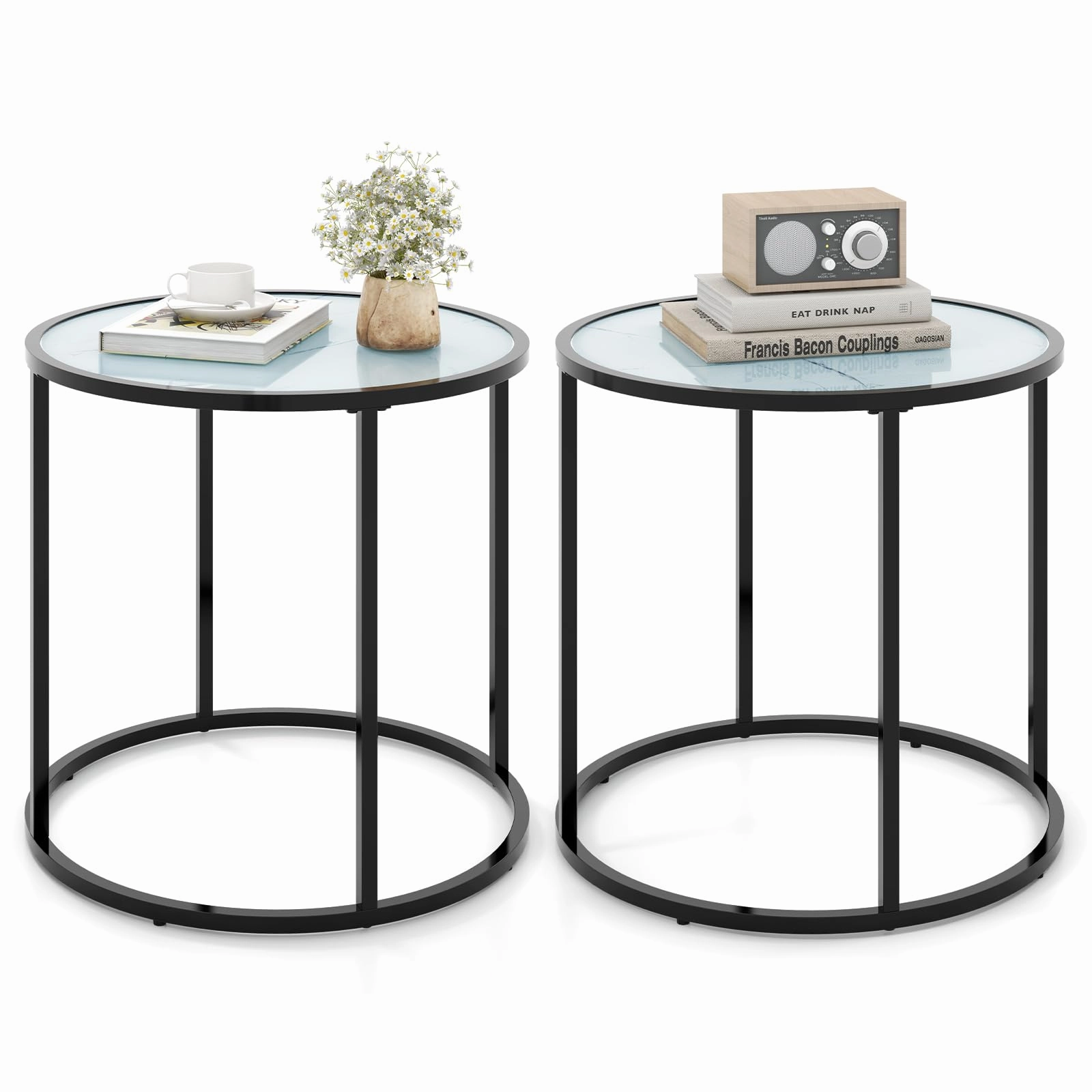 Giantex Round Side Table, Tempered Glass End Table with Metal Frame entry bench, mudroom storage
