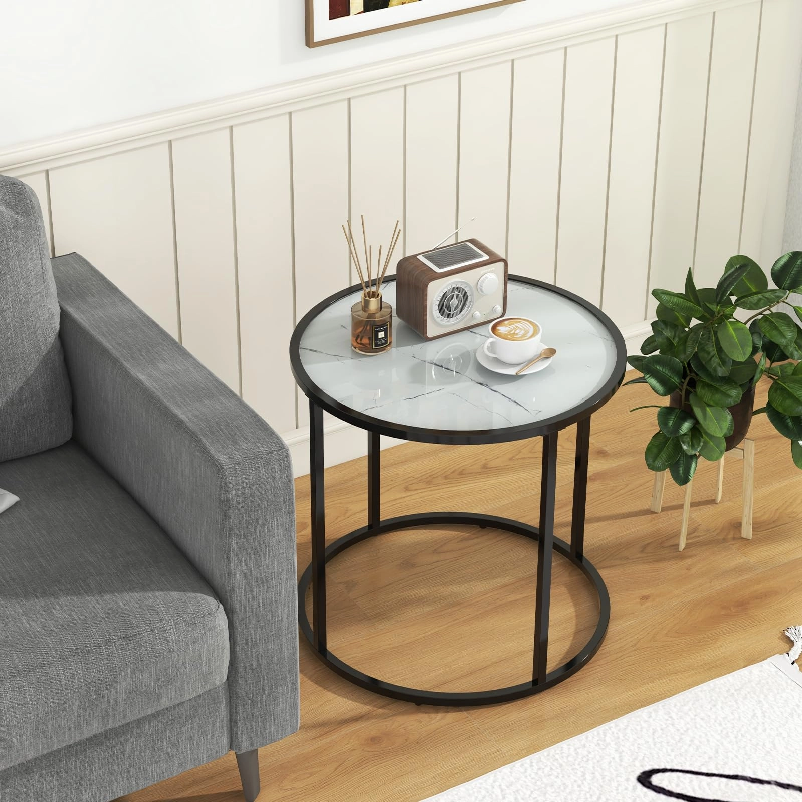 Giantex Round Side Table, Tempered Glass End Table with Metal Frame