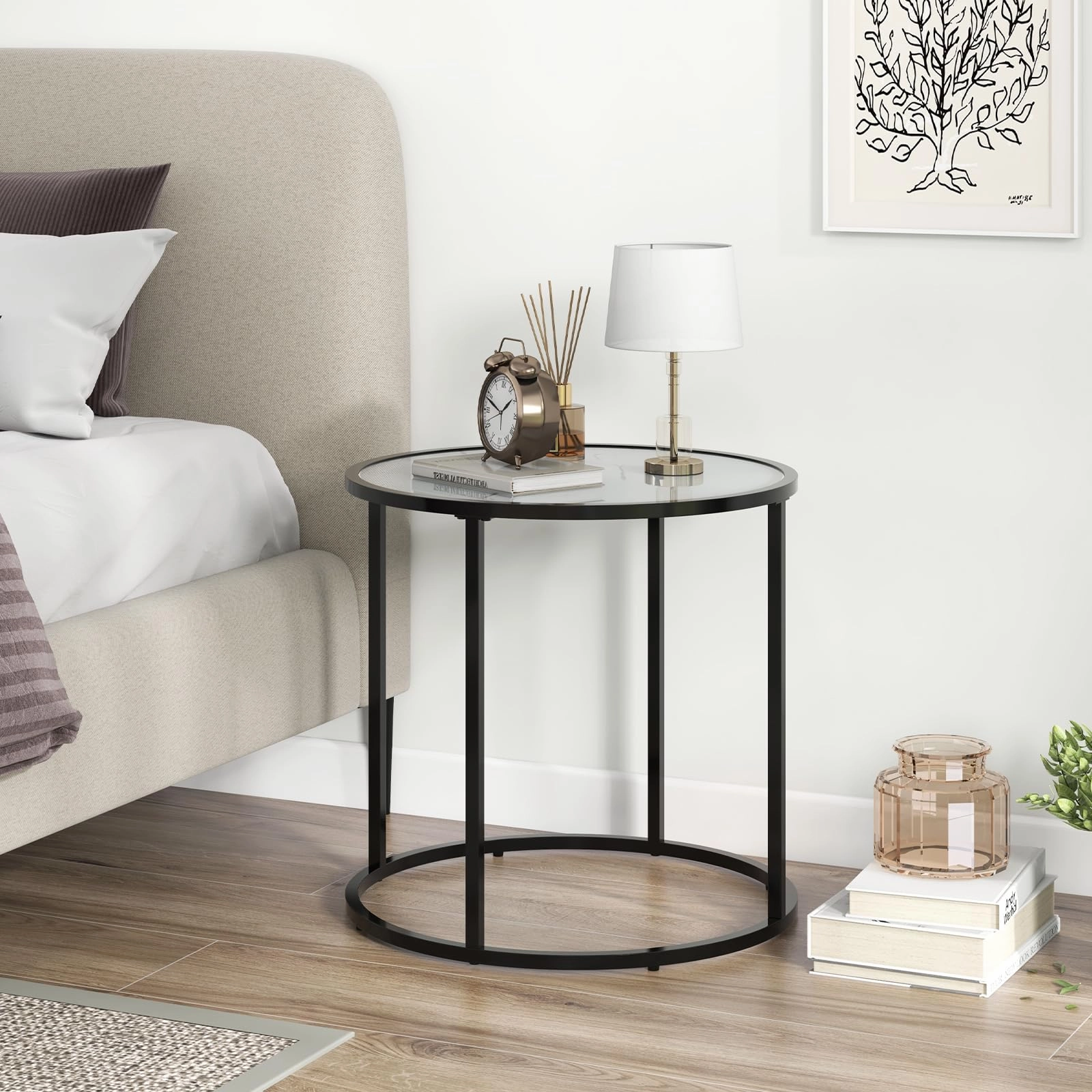 Giantex Round Side Table, Tempered Glass End Table with Metal Frame