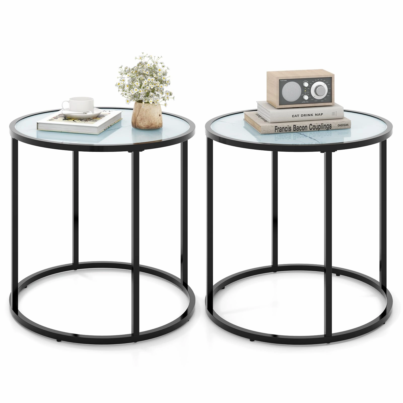 Giantex Round Side Table, Tempered Glass End Table with Metal Frame throw pillow, fuzzy blanket