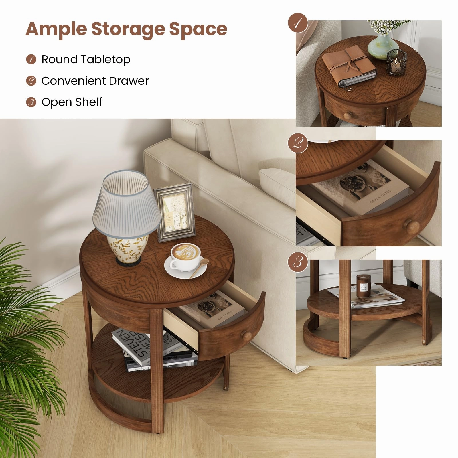 Giantex Round Side Tables Set of 1/2, 2-Tier Retro End Tables with Drawer & Shelf