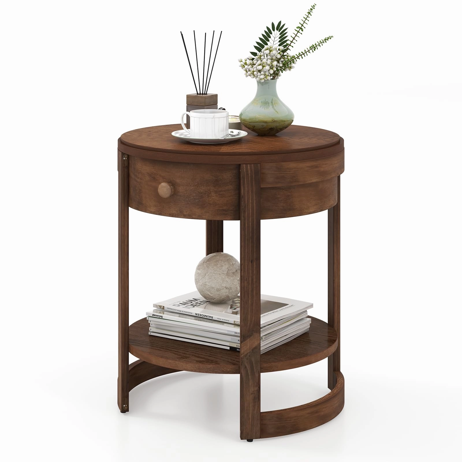 Giantex Round Side Tables Set of 1/2, 2-Tier Retro End Tables with Drawer & Shelf