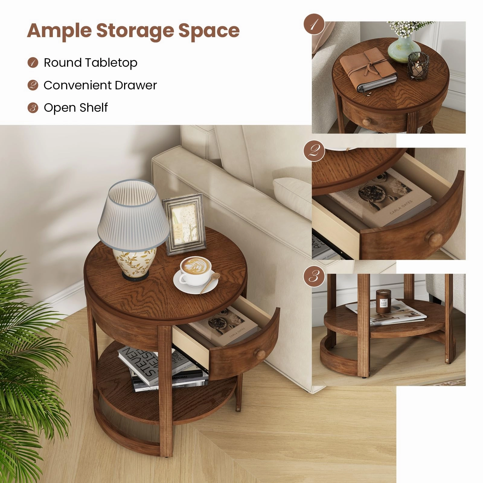 Giantex Round Side Tables Set of 1/2, 2-Tier Retro End Tables with Drawer & Shelf