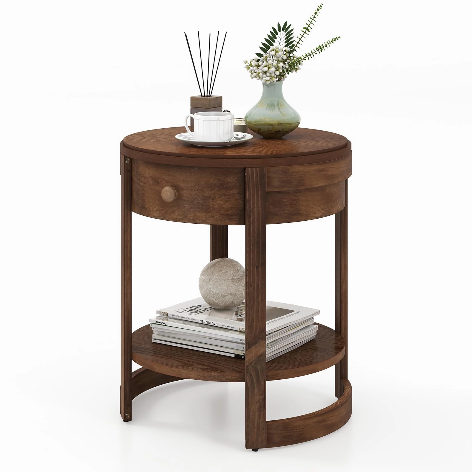 Giantex Round Side Tables Set of 1/2, 2-Tier Retro End Tables with Drawer & Shelf