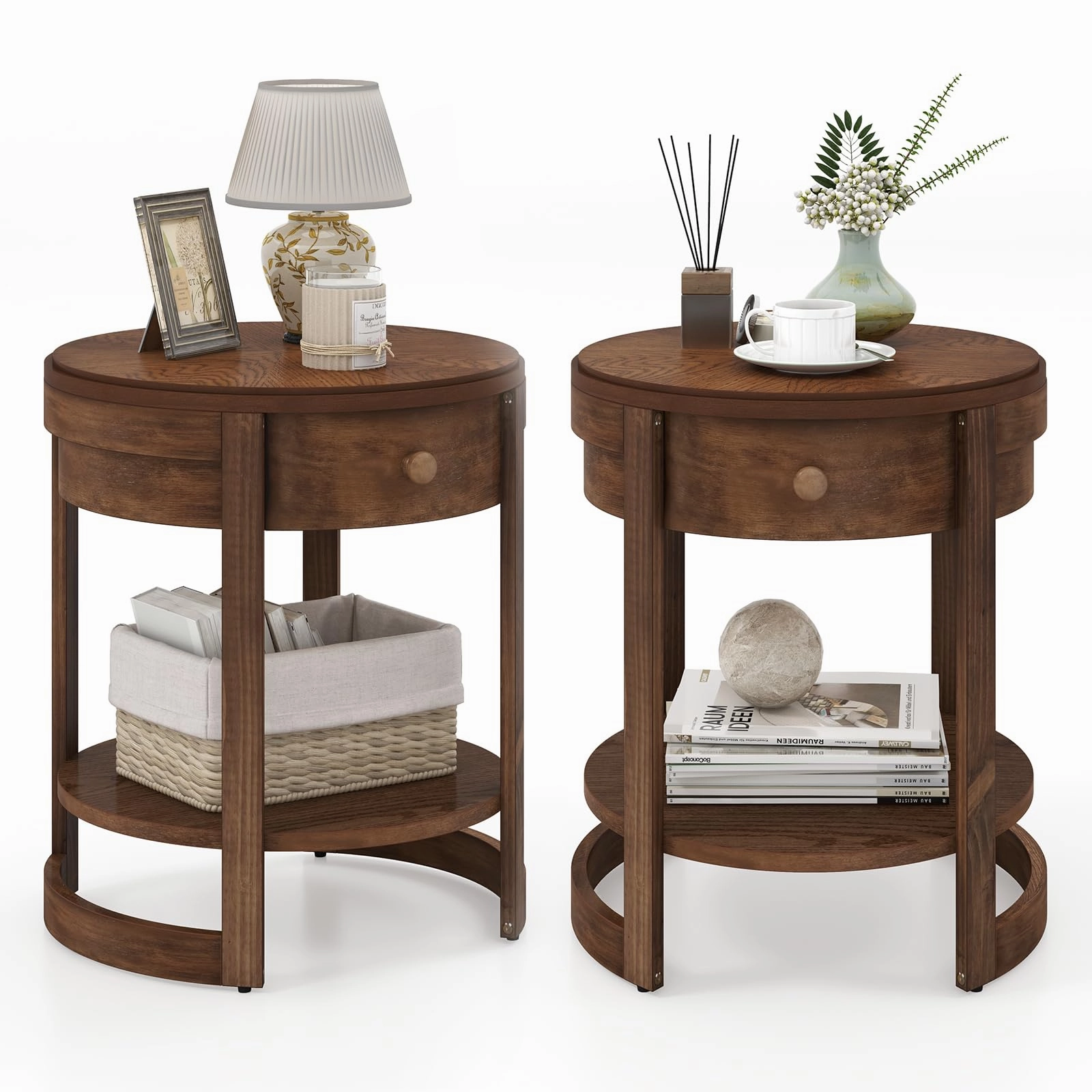 Giantex Round Side Tables Set of 1/2, 2-Tier Retro End Tables with Drawer & Shelf throw pillow, fuzzy blanket