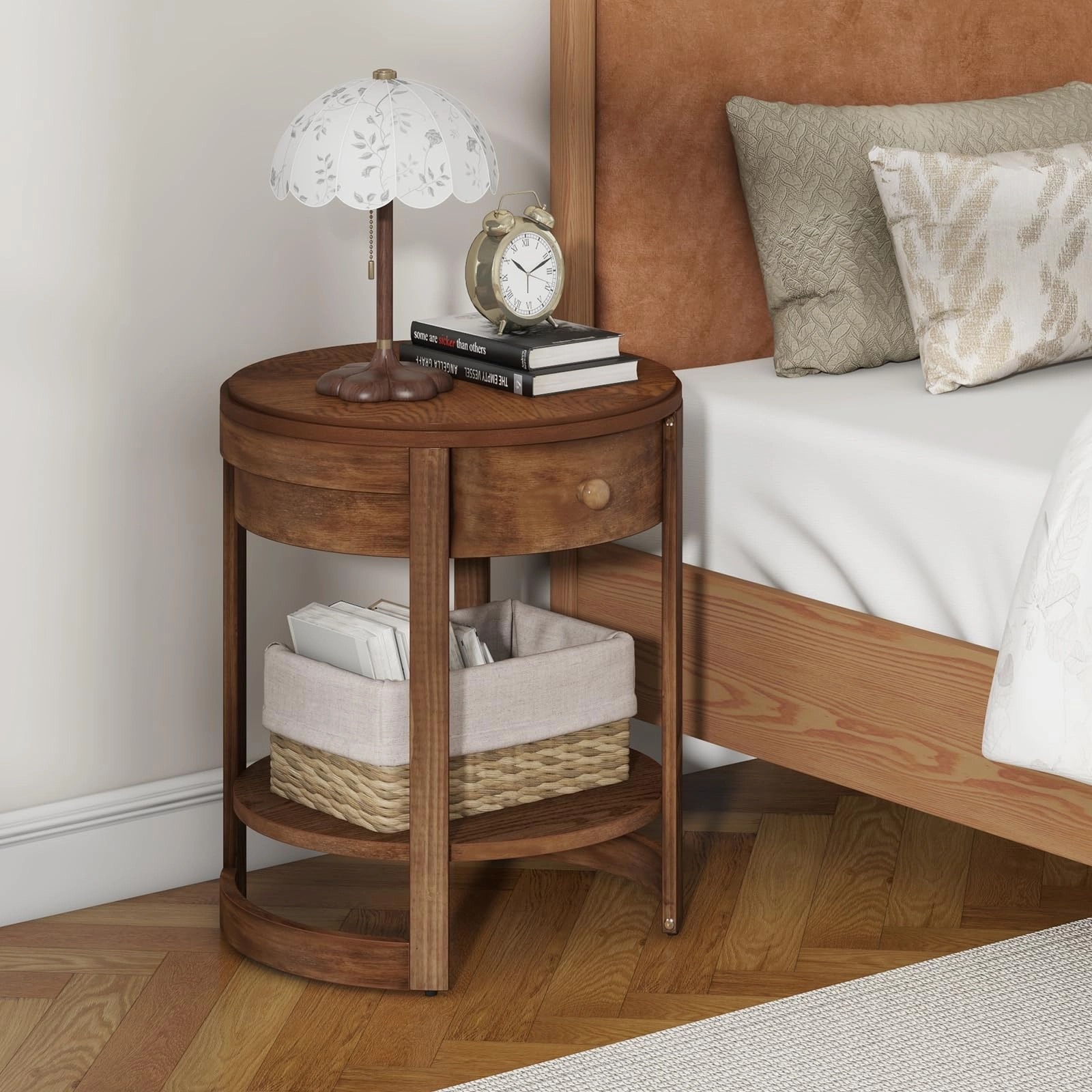 Giantex Round Side Tables Set of 1/2, 2-Tier Retro End Tables with Drawer & Shelf