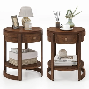 Giantex Round Side Tables Set of 1/2, 2-Tier Retro End Tables with Drawer & Shelf throw pillow, fuzzy blanket