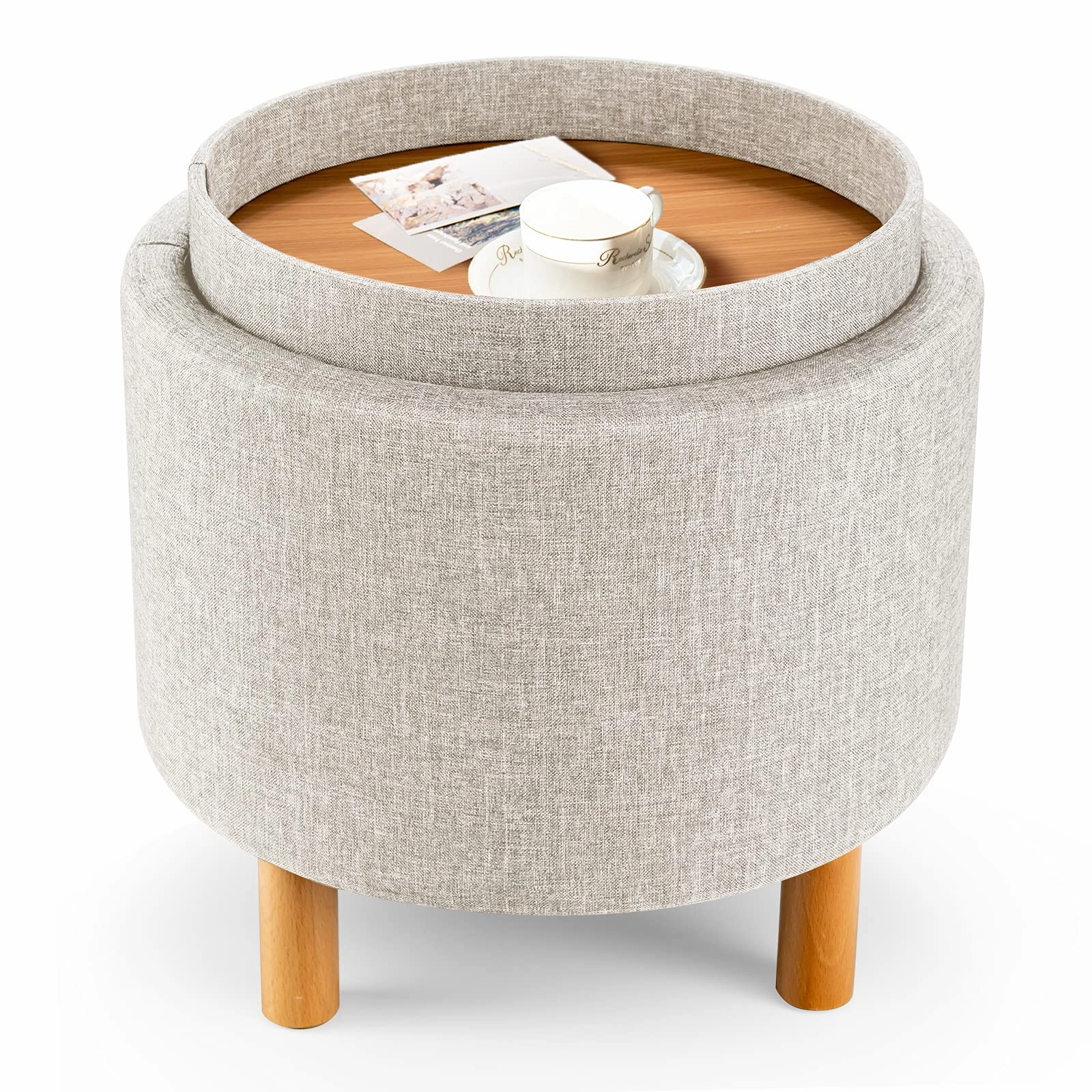 Giantex Round Storage Ottoman with Tray, Accent Storage Footstool w/ Soft Padding armless chair, modern chair