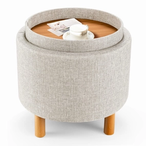 Giantex Round Storage Ottoman with Tray, Accent Storage Footstool w/ Soft Padding armless chair, modern chair