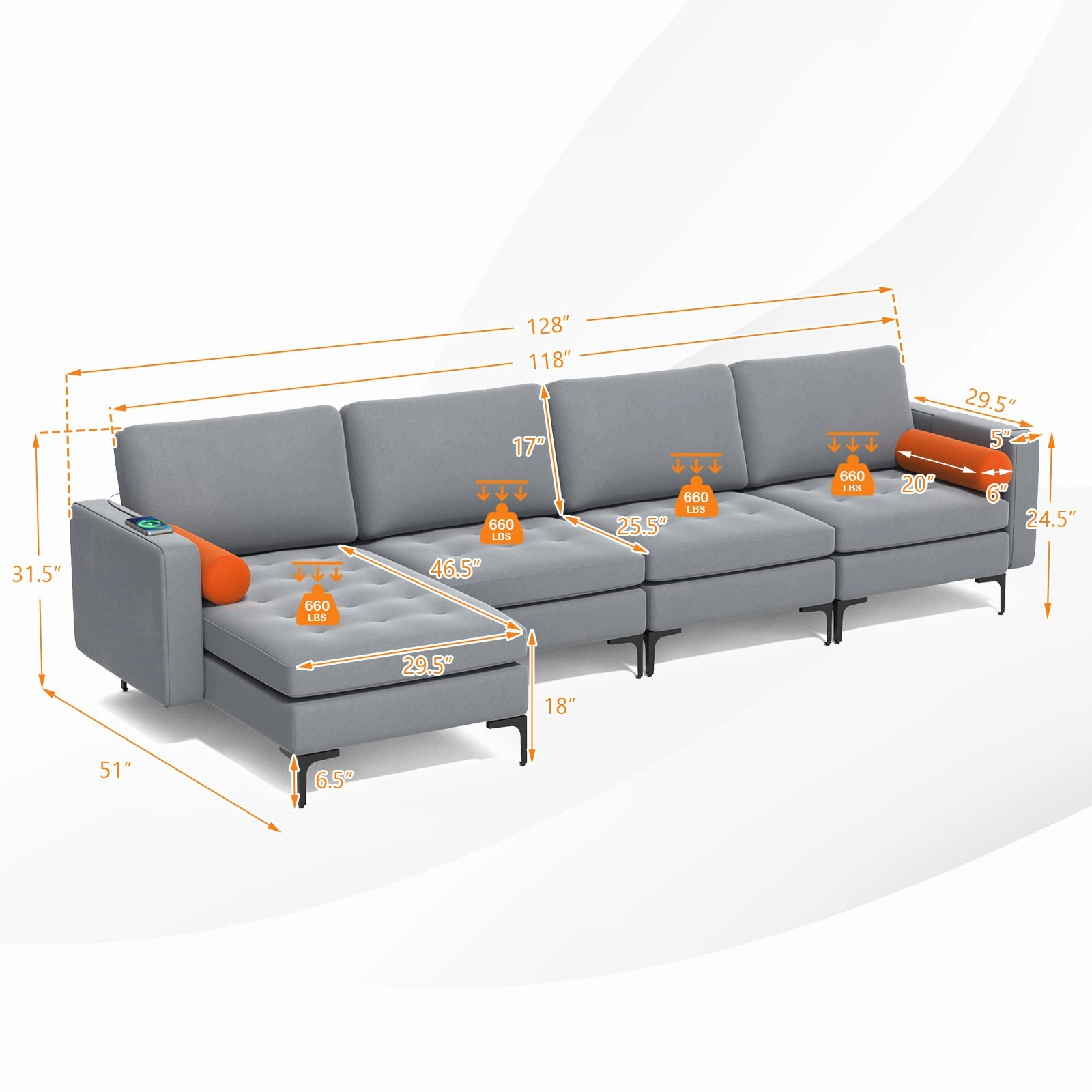 Giantex Sectional Sofa Couch, Convertible Sleeper with 2 or 1 USB Ports Socket