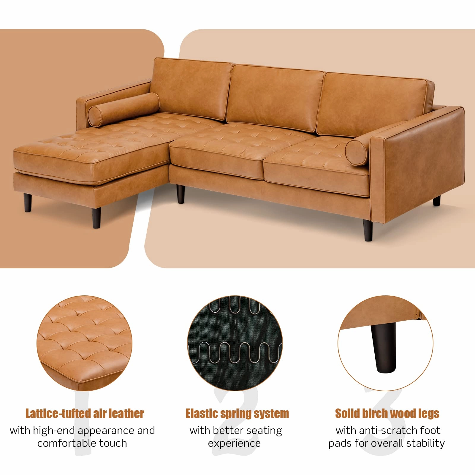 Giantex Sectional Sofa Couch with Chaise Lounge, L-Shaped 3-Seat Sofa Sleeper