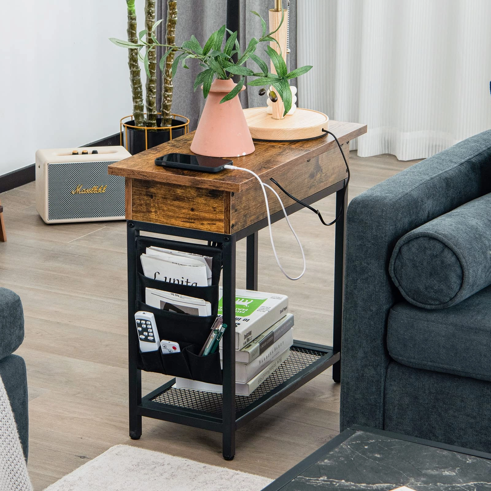 Giantex Set of 2 End Table with Charging Station, Industrial Multifunctional Nightstand