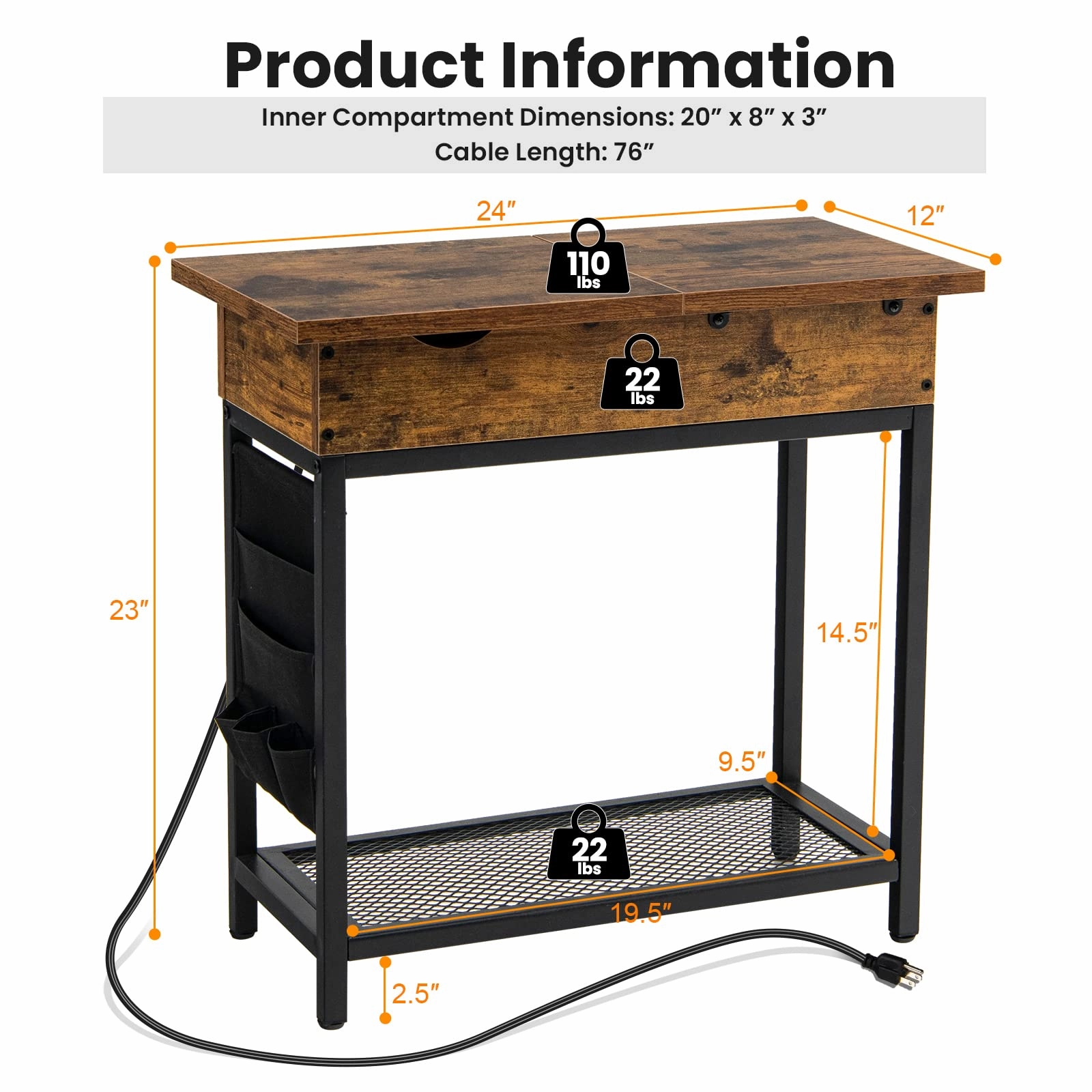 Giantex Set of 2 End Table with Charging Station, Industrial Multifunctional Nightstand