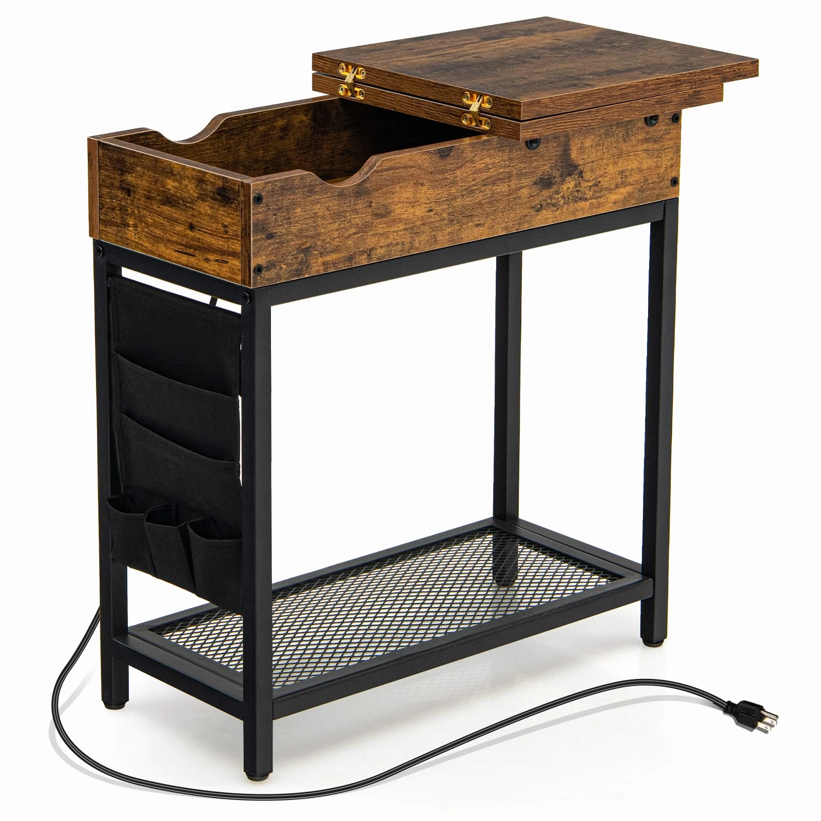 Giantex Set of 2 End Table with Charging Station, Industrial Multifunctional Nightstand entry bench, mudroom storage