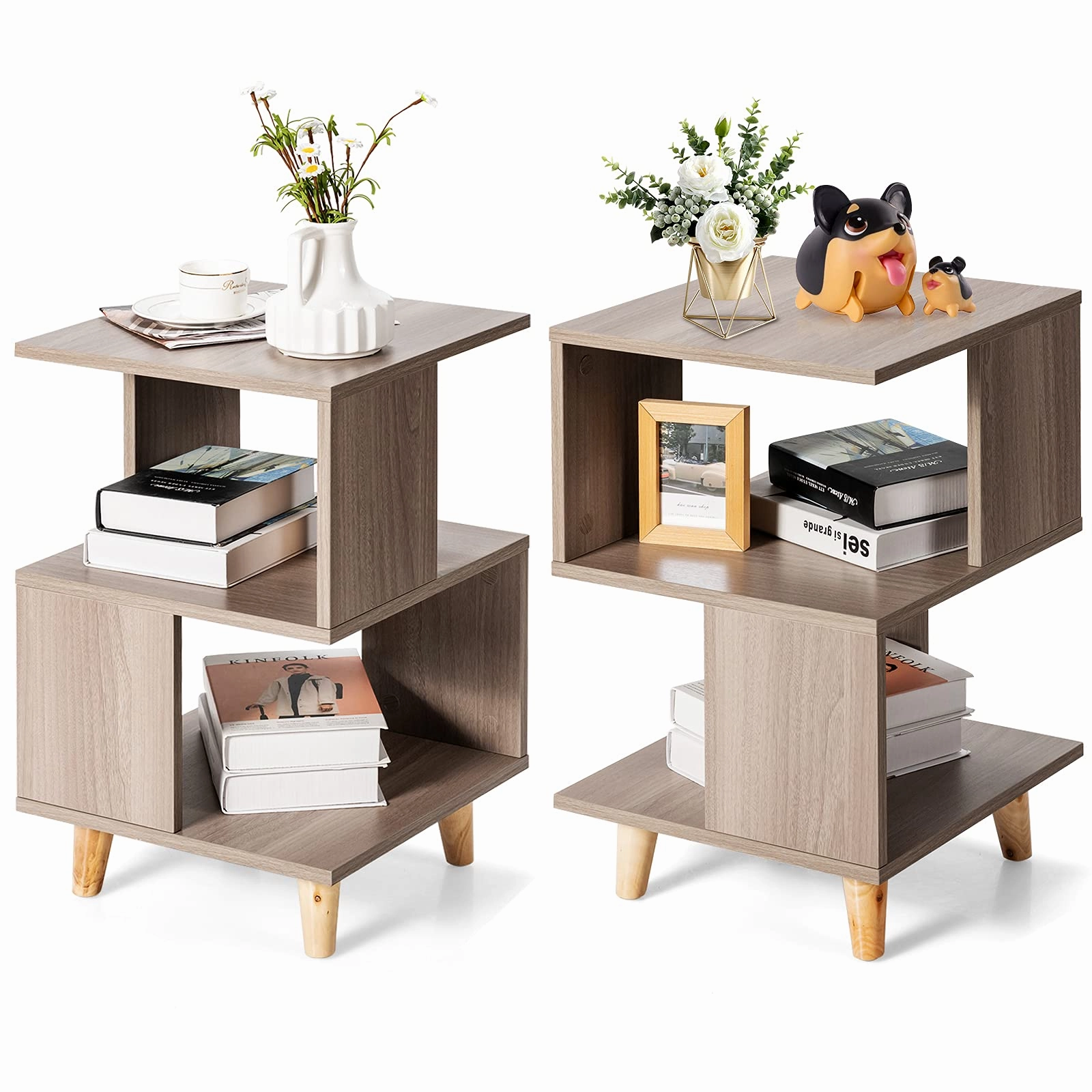 Giantex Set of 2 End Table, Wood Nightstand with Legs (Natural) throw pillow, fuzzy blanket
