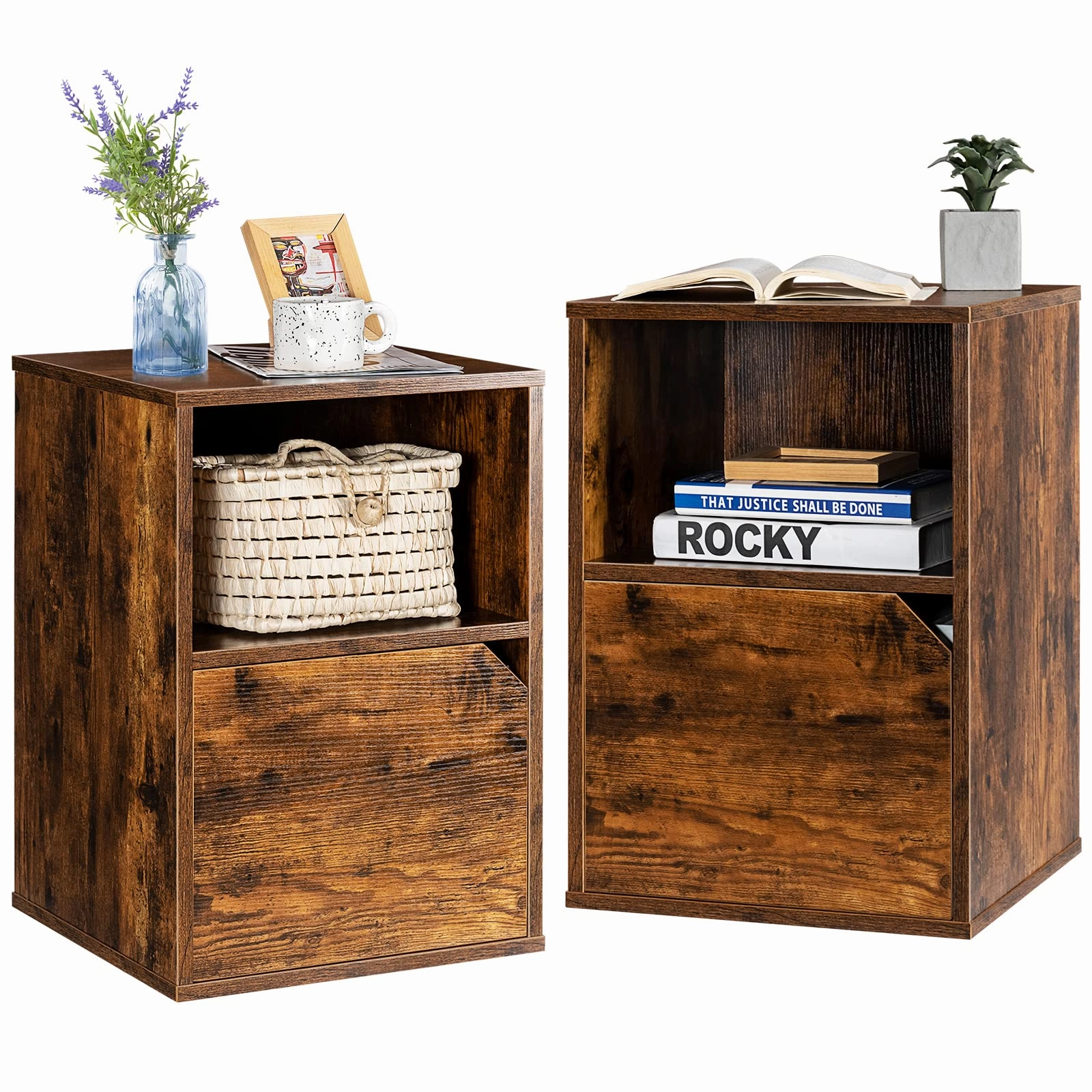 Giantex Set of 2 Nightstands, End Table Bedside Table w/Storage Cabinet and Open Shelf throw pillow, fuzzy blanket